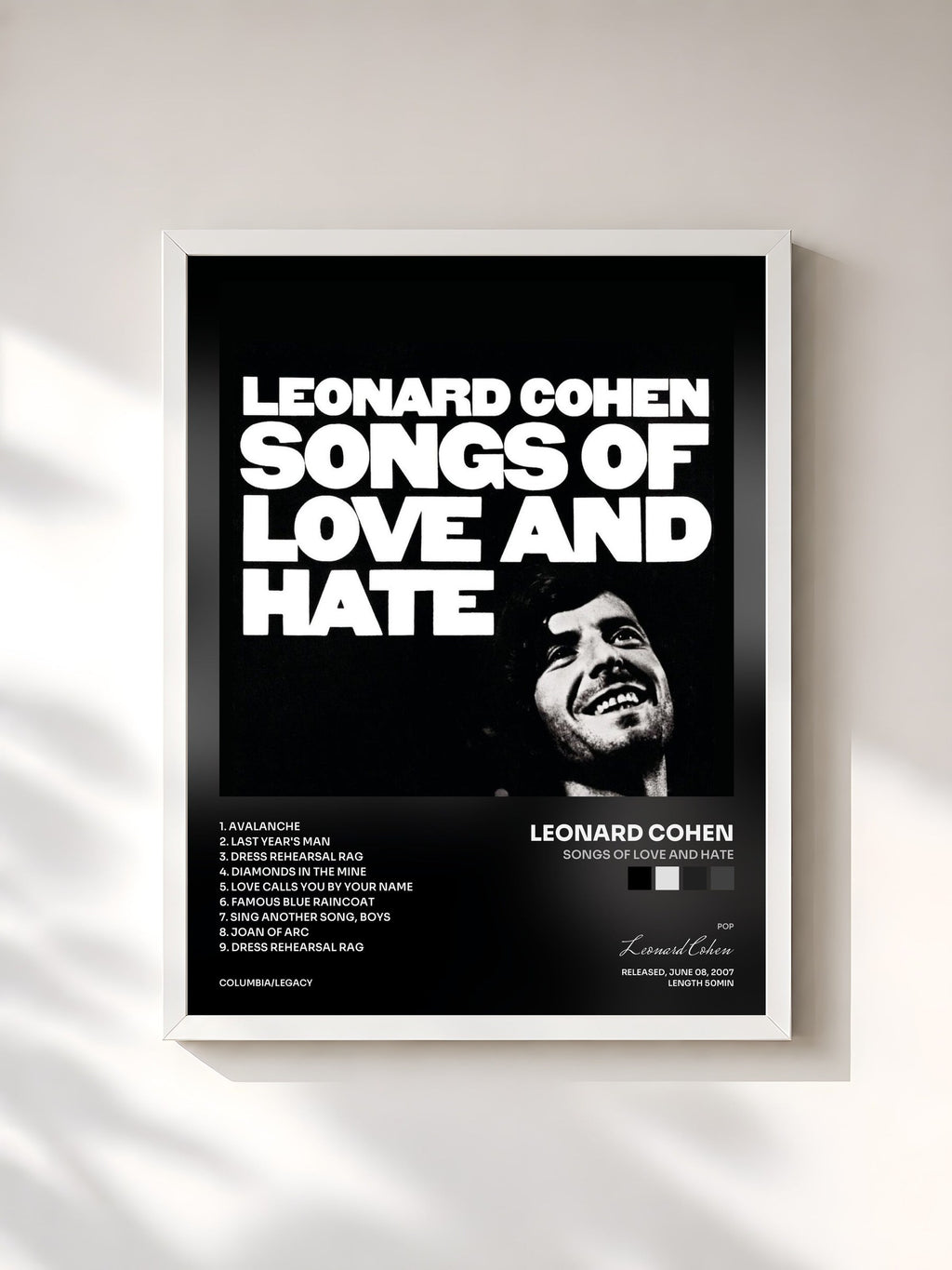 #blanc Tableau de l'album Songs Of Love And Hate de Leonard Cohen, cadre blanc, imprimé et encadré en France