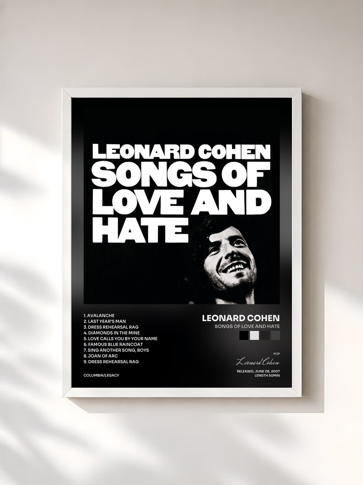 #blanc Tableau de l'album Songs Of Love And Hate de Leonard Cohen, cadre blanc, imprimé et encadré en France