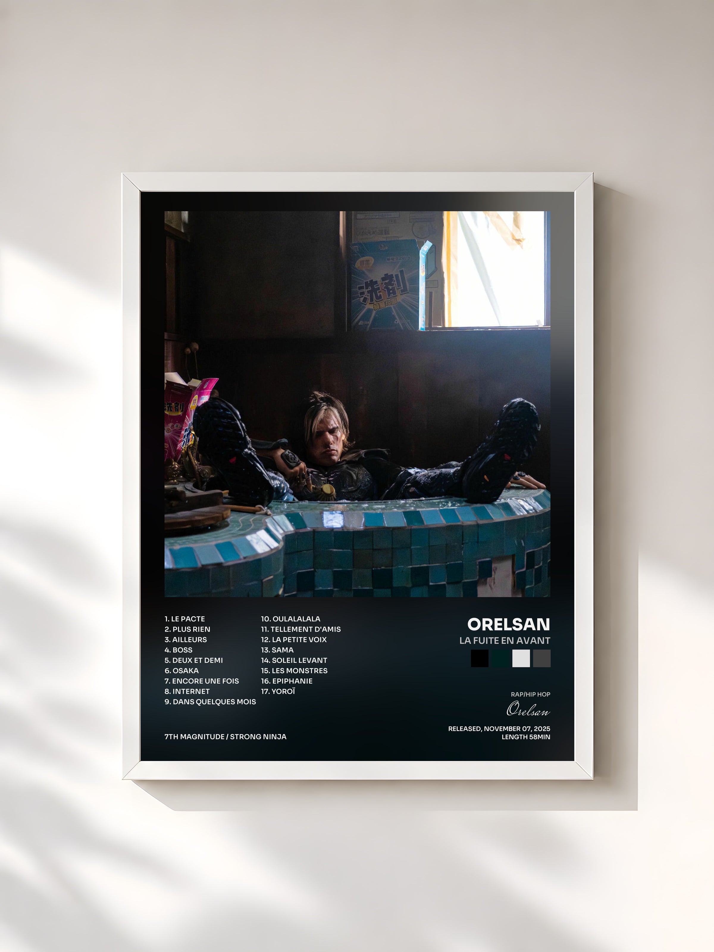 #blanc Tableau de l'album La fuite en avant de Orelsan, cadre blanc, imprimé et encadré en France