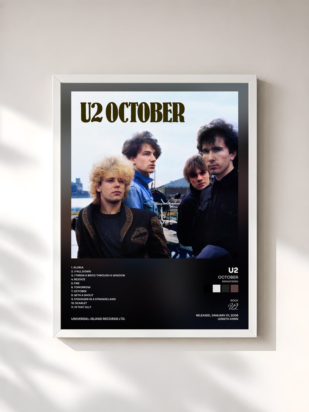 #blanc Tableau de l'album October (Remastered) de U2, cadre blanc, imprimé et encadré en France