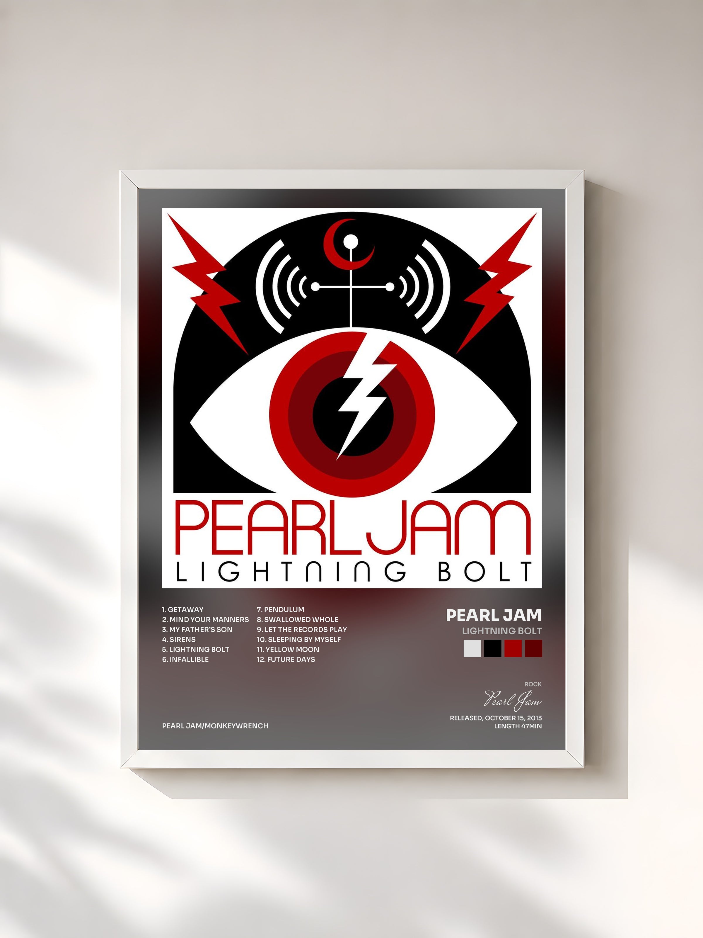 #blanc Lightning Bolt by Pearl Jam as a framed art print, white frame, printed and framed in France