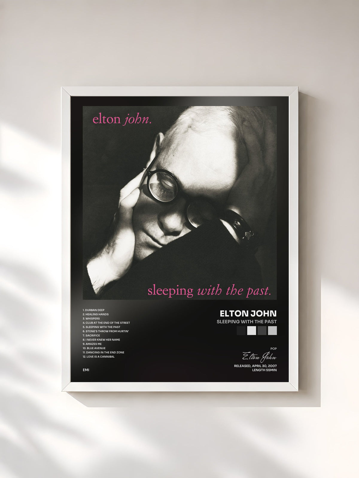 #blanc Tableau de l'album Sleeping With The Past de Elton John, cadre blanc, imprimé et encadré en France