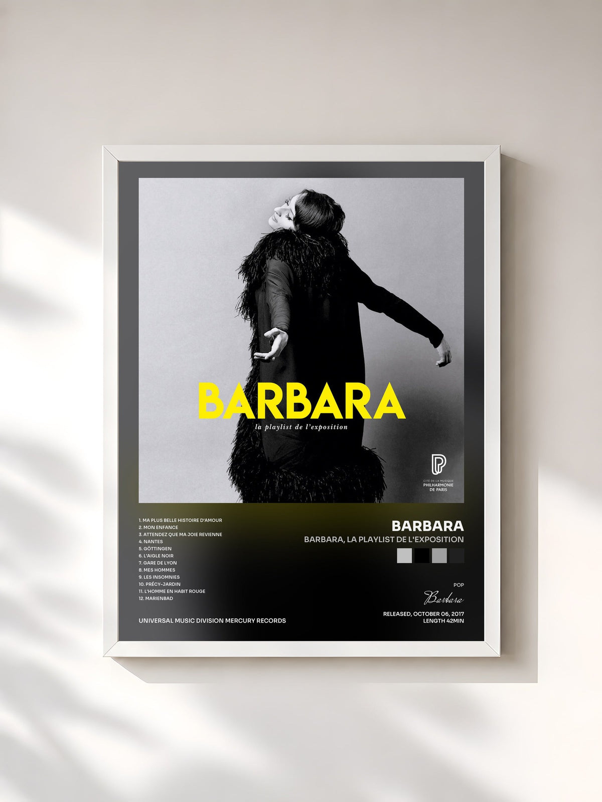 #blanc Tableau de l'album Barbara, la playlist de l'exposition de Barbara, cadre blanc, imprimé et encadré en France