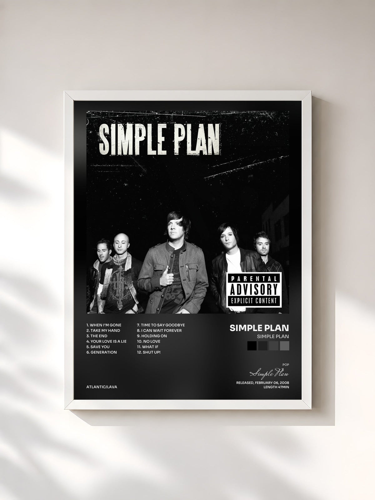 #blanc Tableau de l'album Simple Plan de Simple Plan, cadre blanc, imprimé et encadré en France