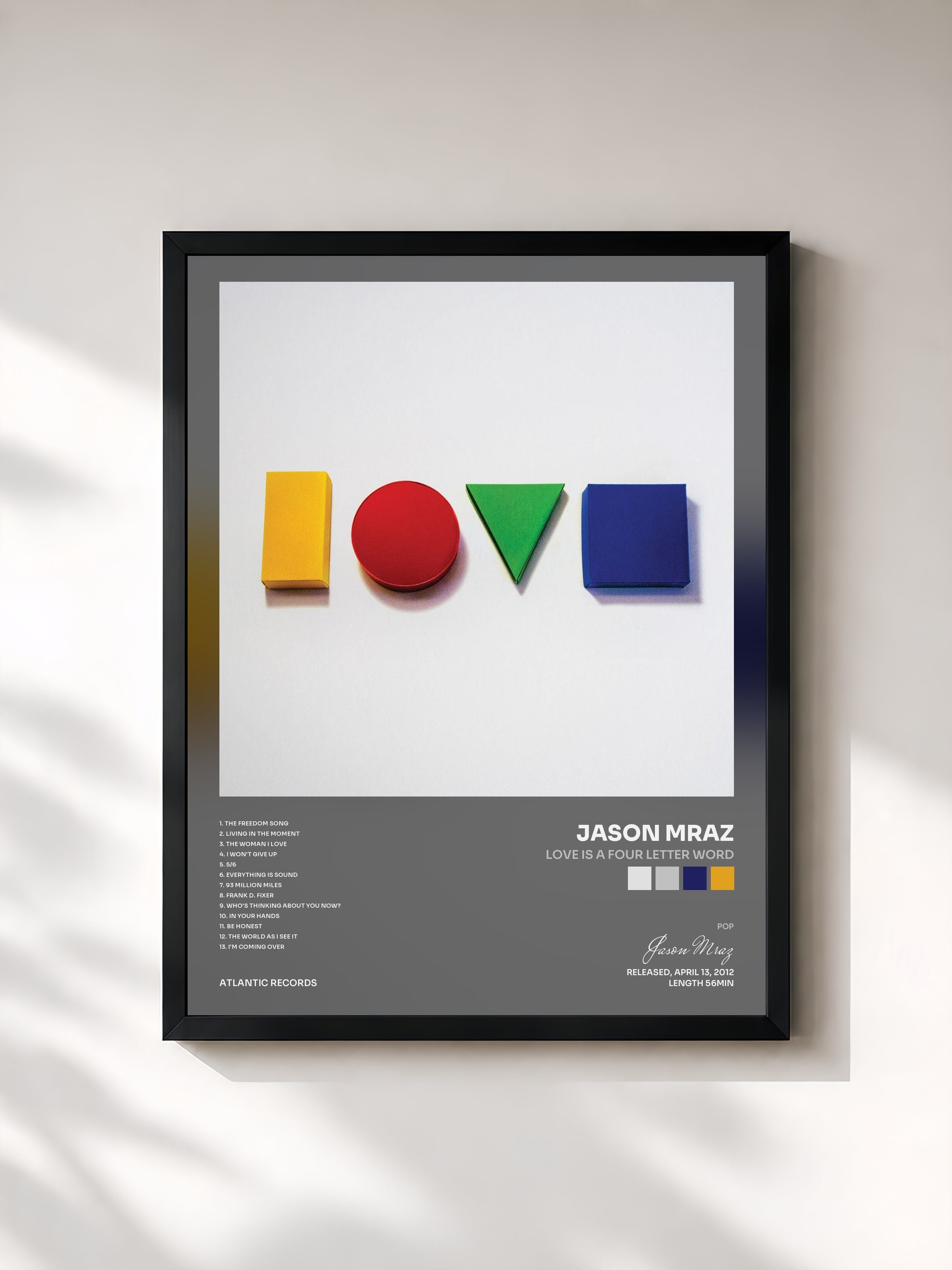 #noir Tableau de l'album Love Is a Four Letter Word de Jason Mraz, cadre noir, imprimé et encadré en France