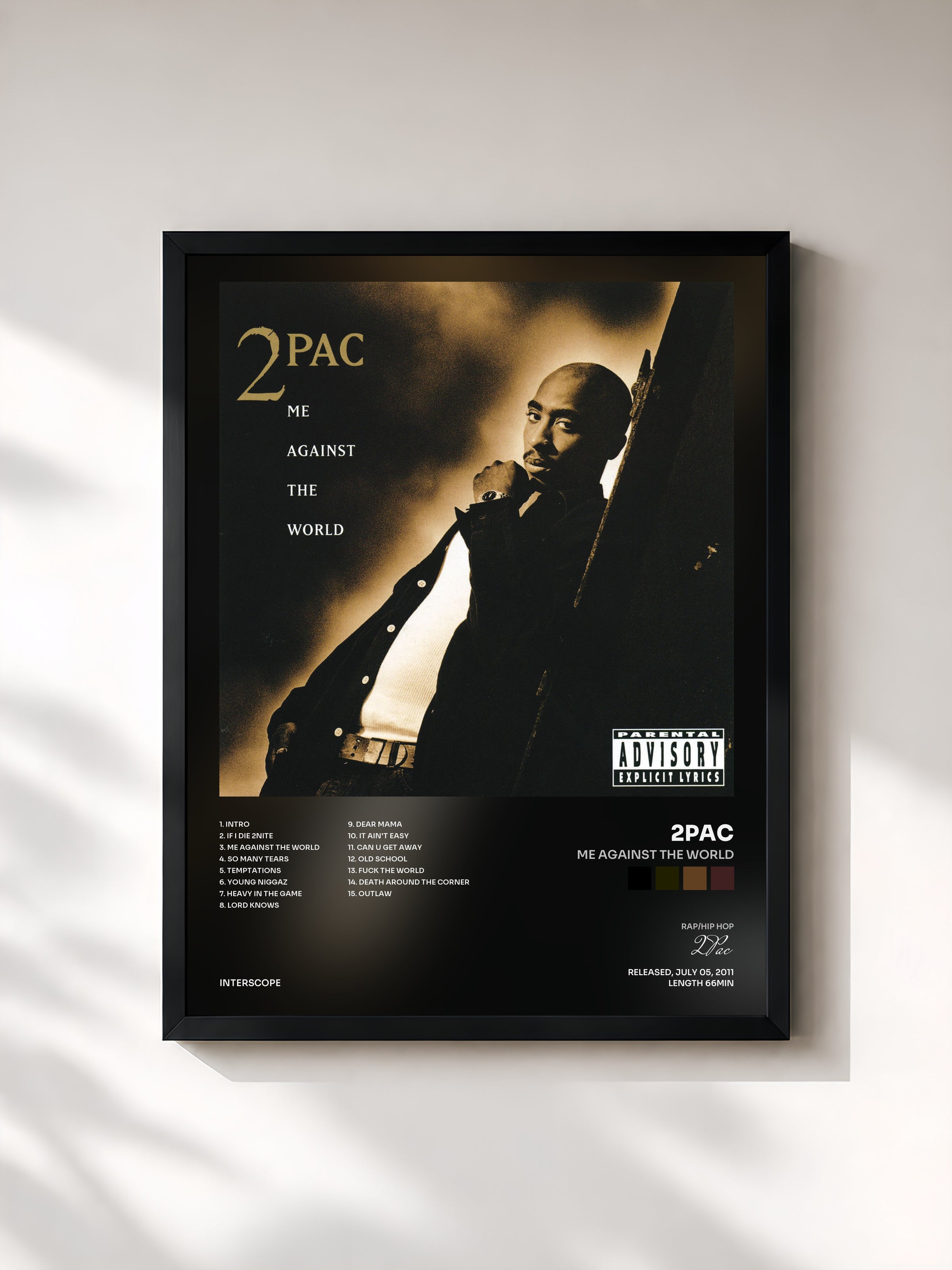 #noir Tableau de l'album Me Against The World de 2Pac, cadre noir, imprimé et encadré en France