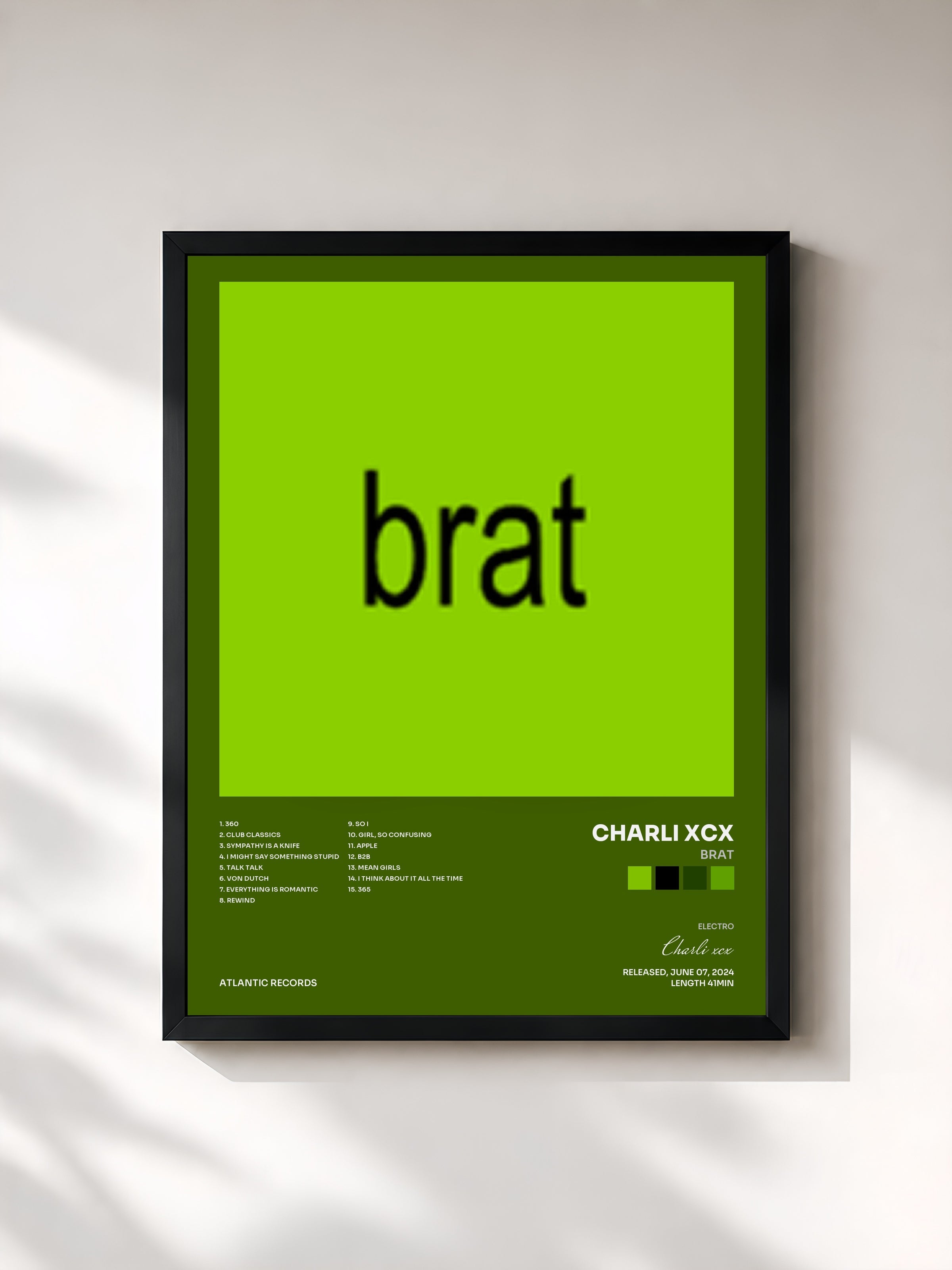 #noir Tableau de l'album BRAT de Charli xcx, cadre noir, imprimé et encadré en France