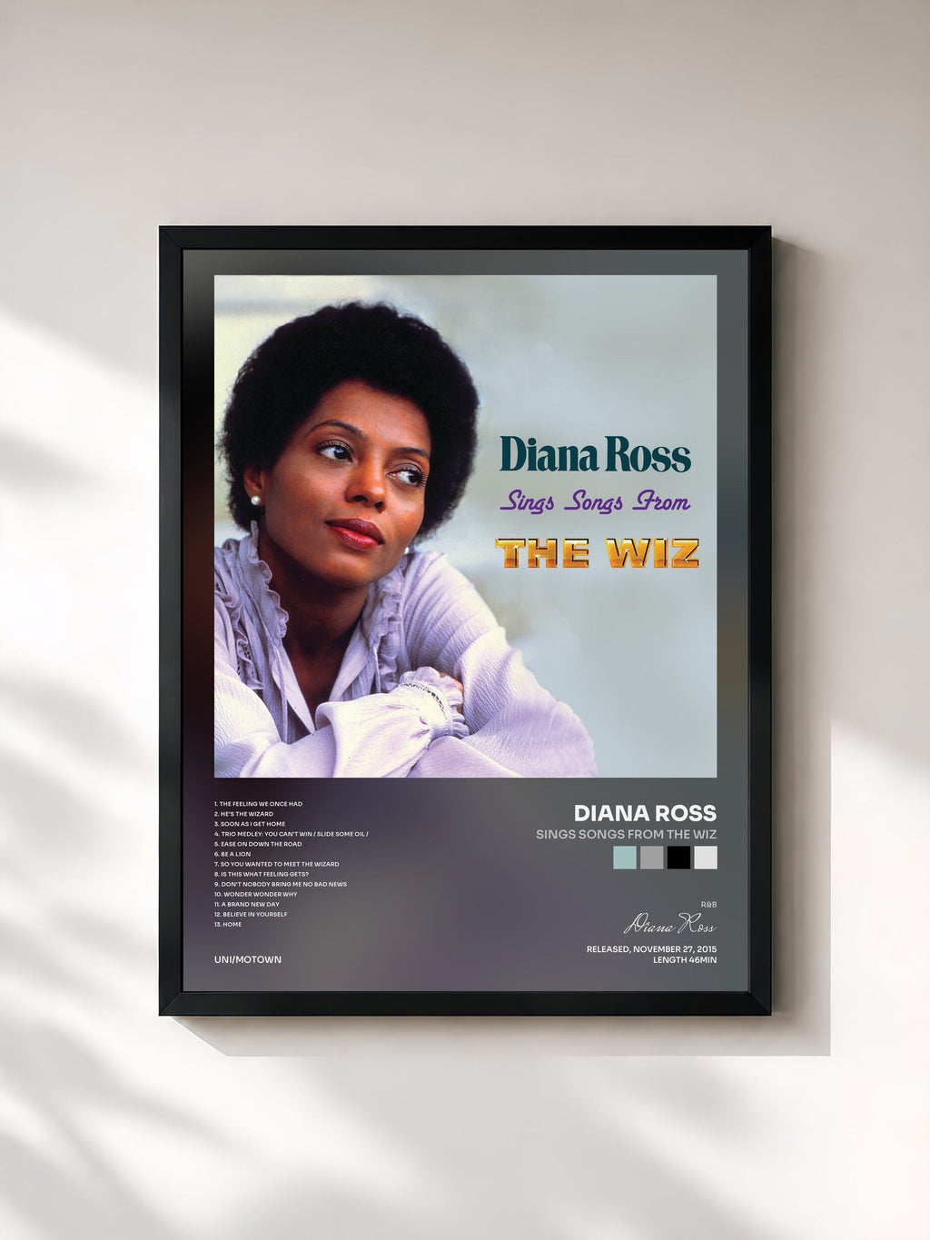 #noir Tableau de l'album Sings Songs From The Wiz de Diana Ross, cadre noir, imprimé et encadré en France