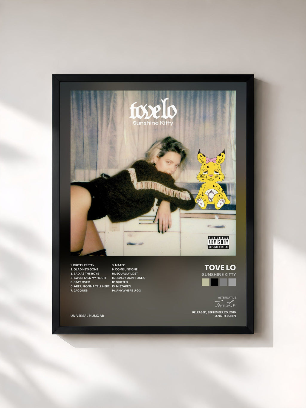 #noir Tableau de l'album Sunshine Kitty de Tove Lo, cadre noir, imprimé et encadré en France