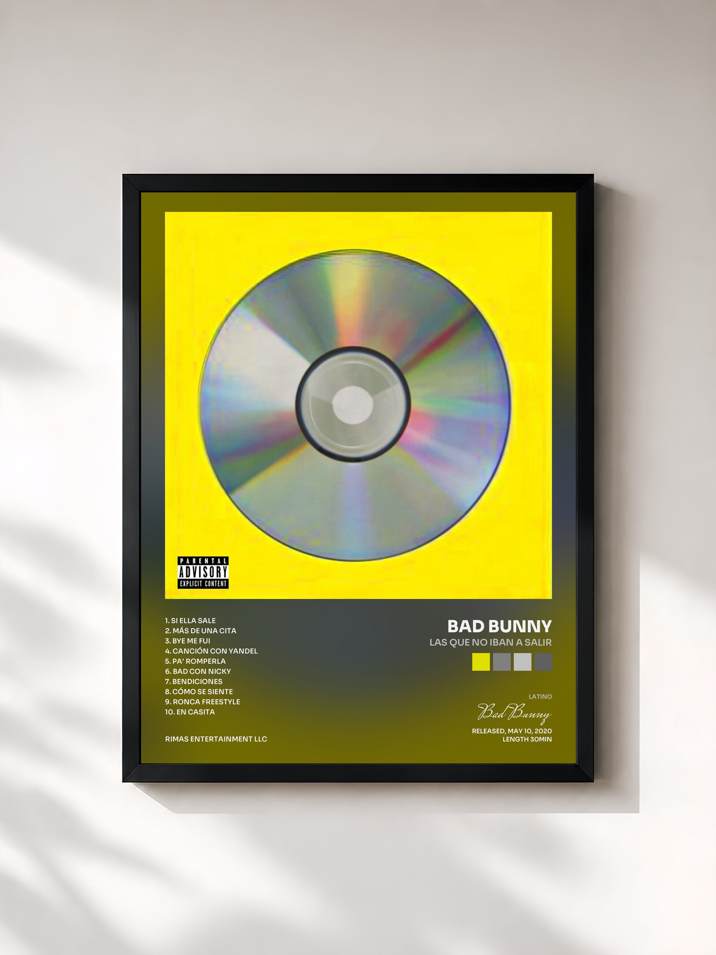 #noir Tableau de l'album LAS QUE NO IBAN A SALIR de Bad Bunny, cadre noir, imprimé et encadré en France