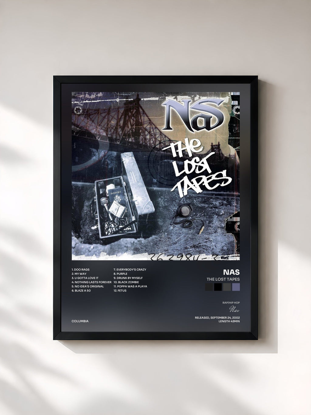 #noir Tableau de l'album The Lost Tapes de Nas, cadre noir, imprimé et encadré en France