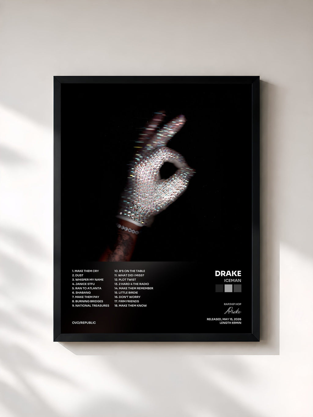 #noir Tableau de l'album ICEMAN de Drake, cadre noir, imprimé et encadré en France
