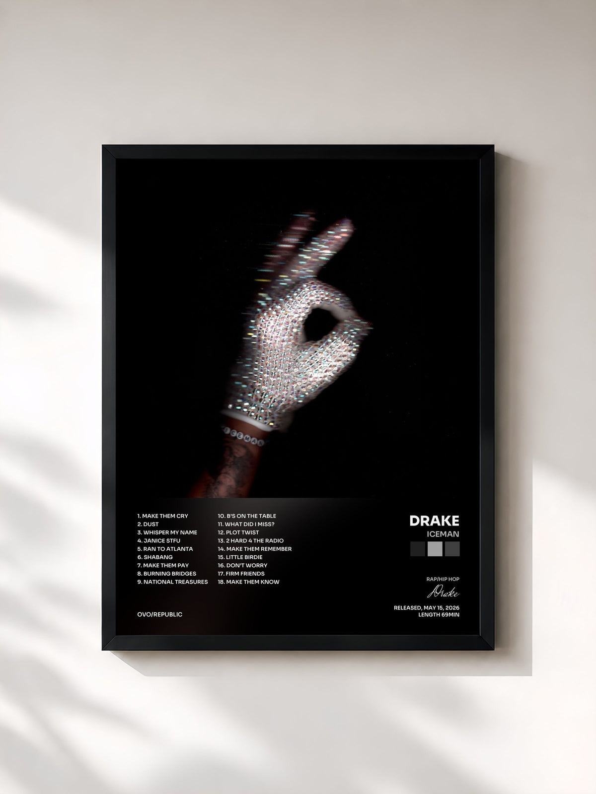 #noir Tableau de l'album ICEMAN de Drake, cadre noir, imprimé et encadré en France