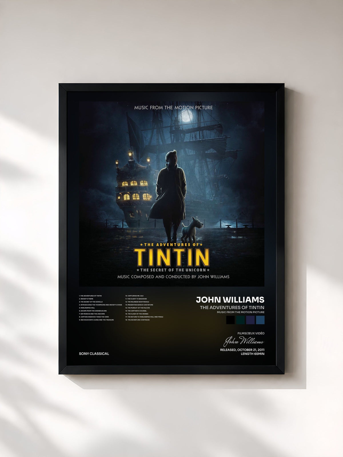 #noir Tableau de l'album The Adventures of Tintin (Music from the Motion Picture) de John Williams, cadre noir, imprimé et encadré en France