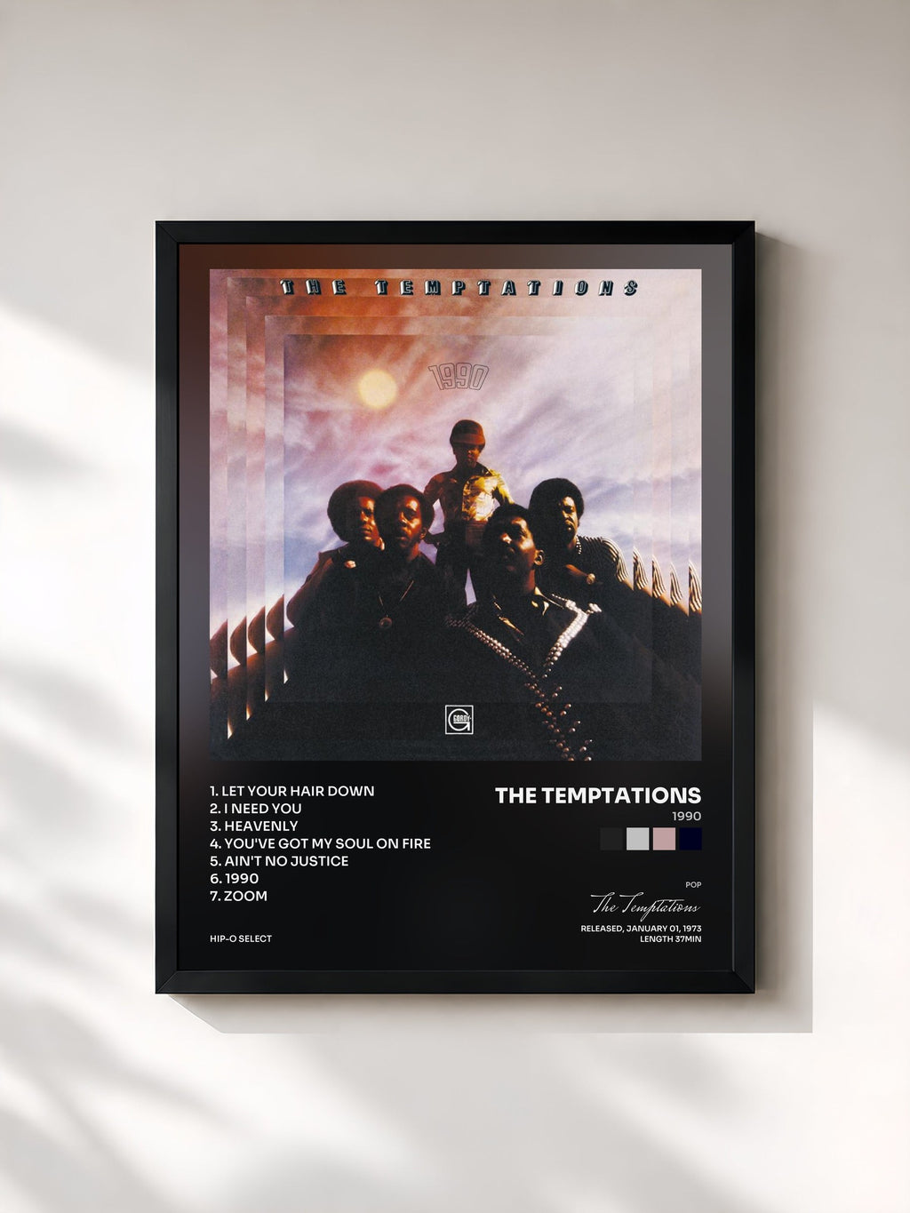 #noir Tableau de l'album 1990 de The Temptations, cadre noir, imprimé et encadré en France