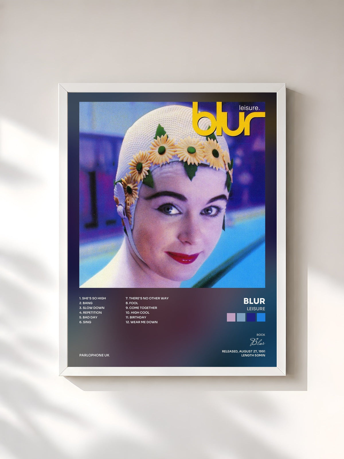 #blanc Tableau de l'album Leisure de Blur, cadre blanc, imprimé et encadré en France