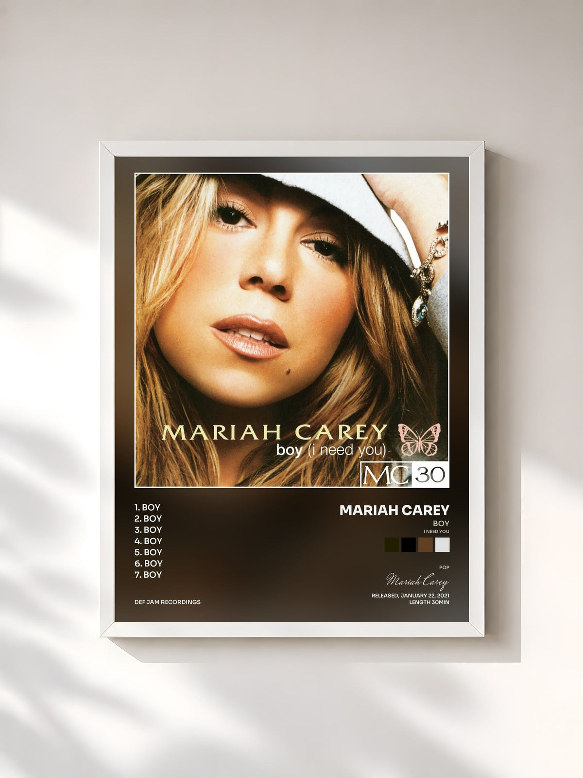 #blanc Tableau de l'album Boy (I Need You) - EP de Mariah Carey, cadre blanc, imprimé et encadré en France