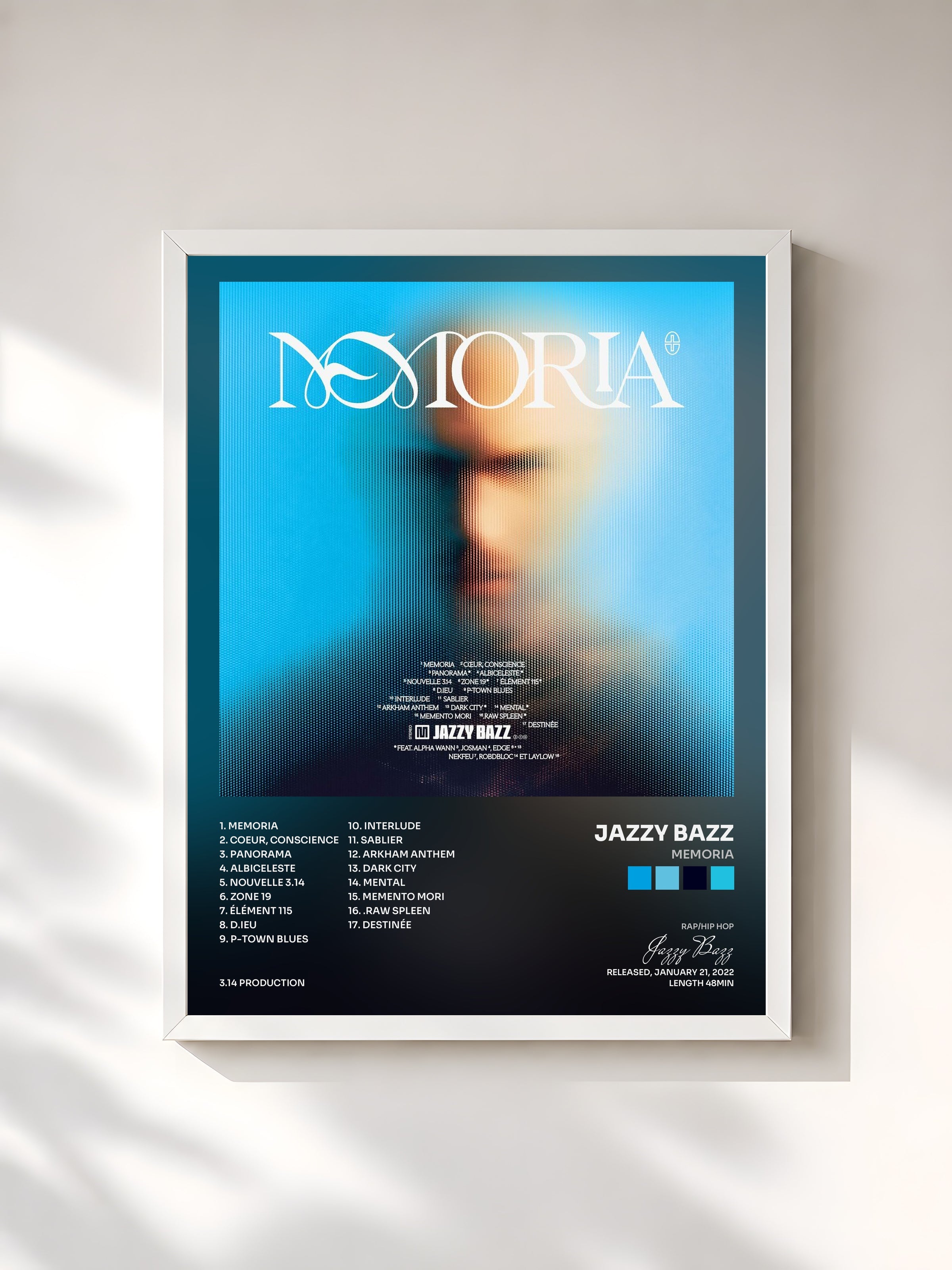 #blanc Memoria by Jazzy Bazz as a framed art print, white frame, printed and framed in France