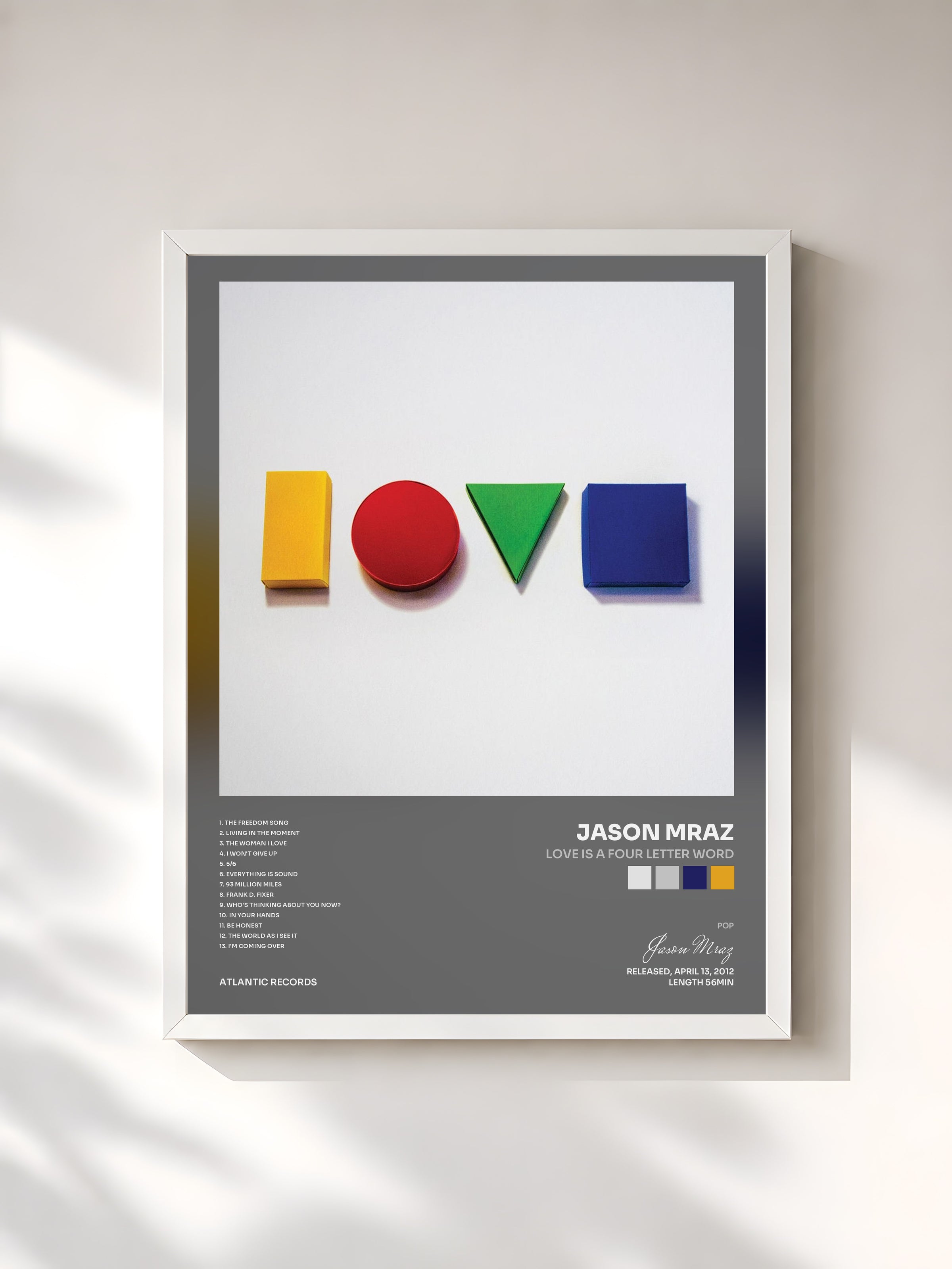 #blanc Tableau de l'album Love Is a Four Letter Word de Jason Mraz, cadre blanc, imprimé et encadré en France