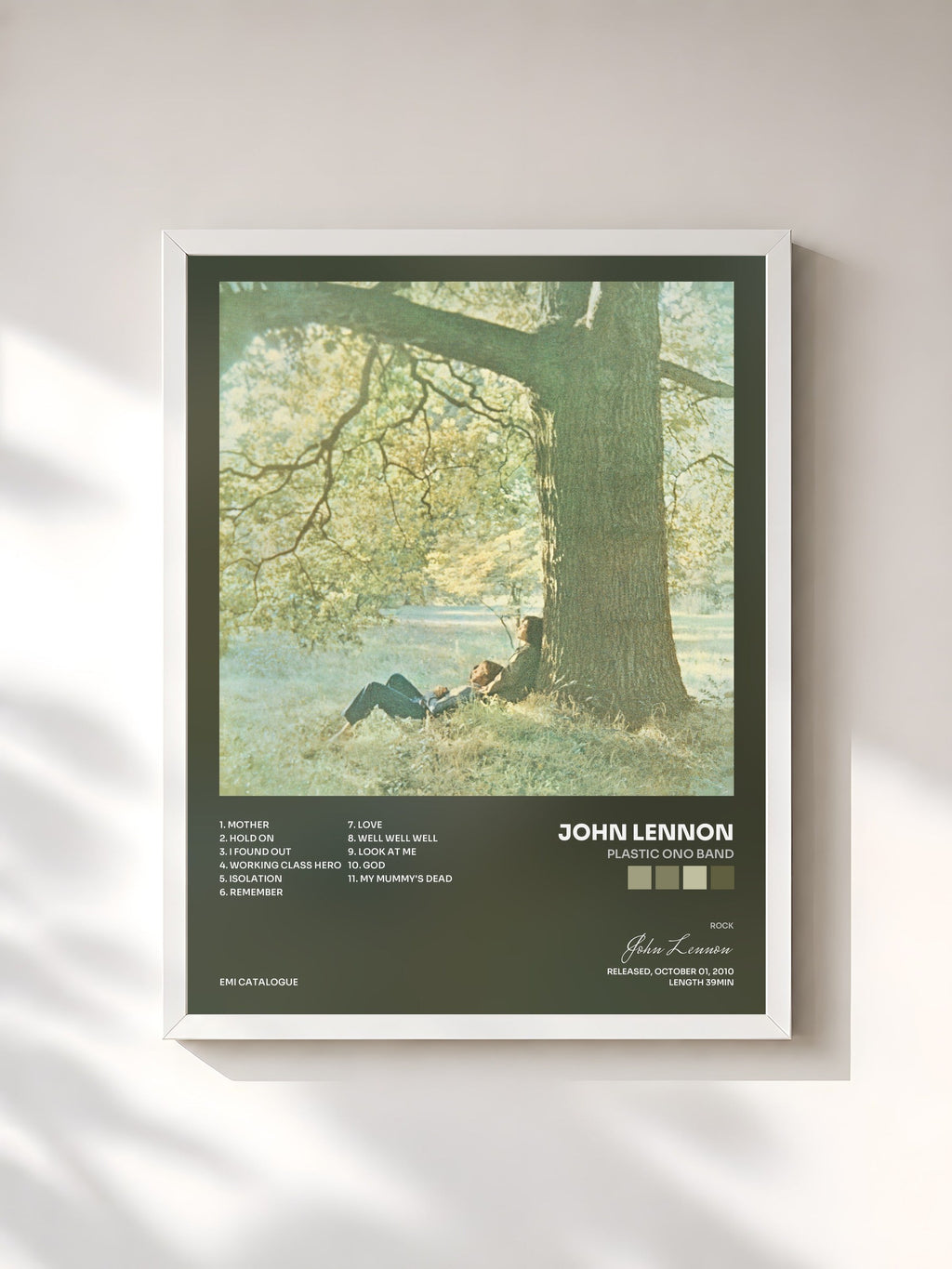 #blanc Tableau de l'album Plastic Ono Band de John Lennon, cadre blanc, imprimé et encadré en France