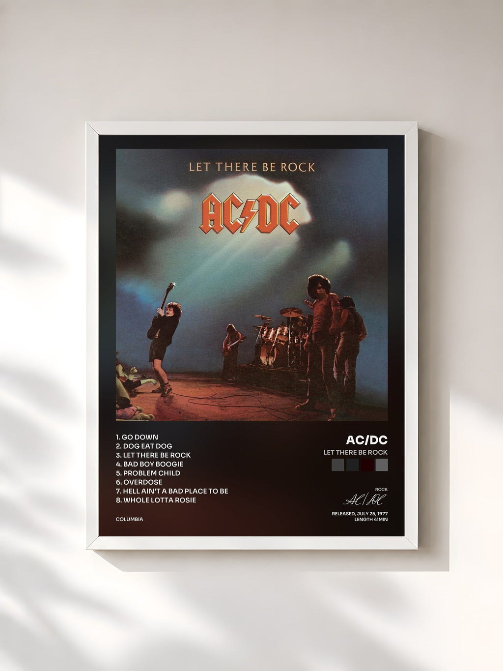 #blanc Tableau de l'album Let There Be Rock de AC/DC, cadre blanc, imprimé et encadré en France