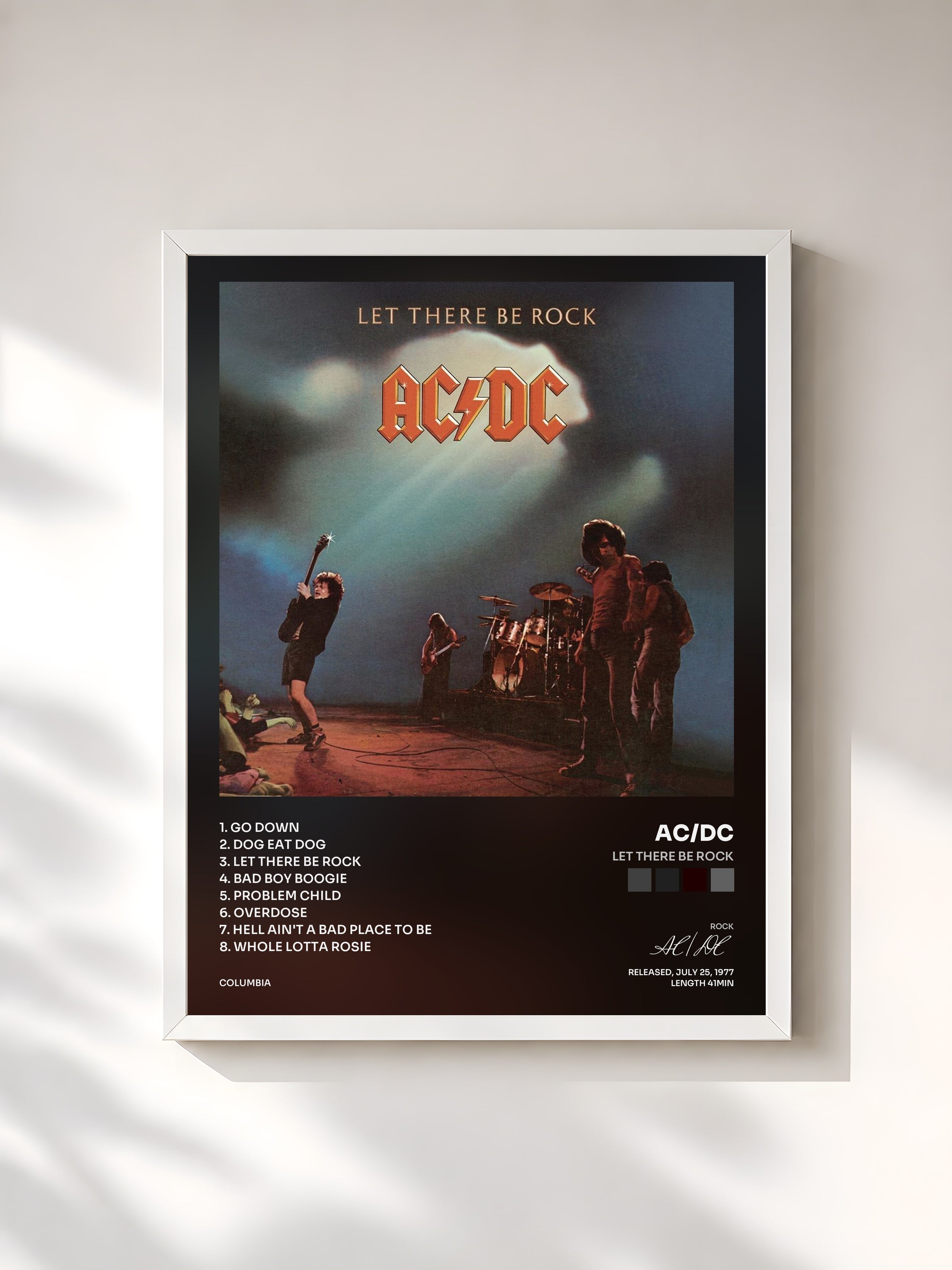 #blanc Tableau de l'album Let There Be Rock de AC/DC, cadre blanc, imprimé et encadré en France