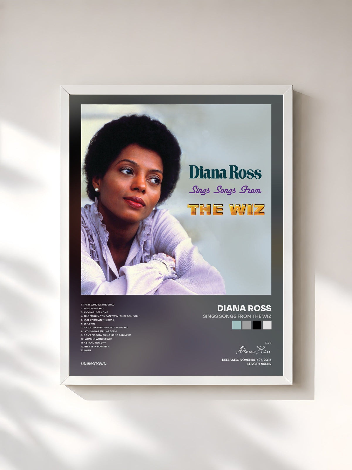 #blanc Tableau de l'album Sings Songs From The Wiz de Diana Ross, cadre blanc, imprimé et encadré en France