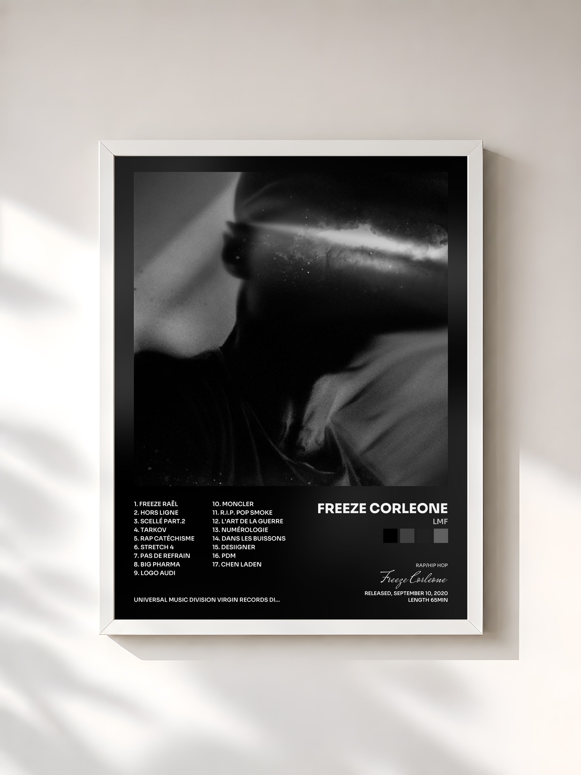 #blanc Tableau de l'album LMF de Freeze Corleone, cadre blanc, imprimé et encadré en France