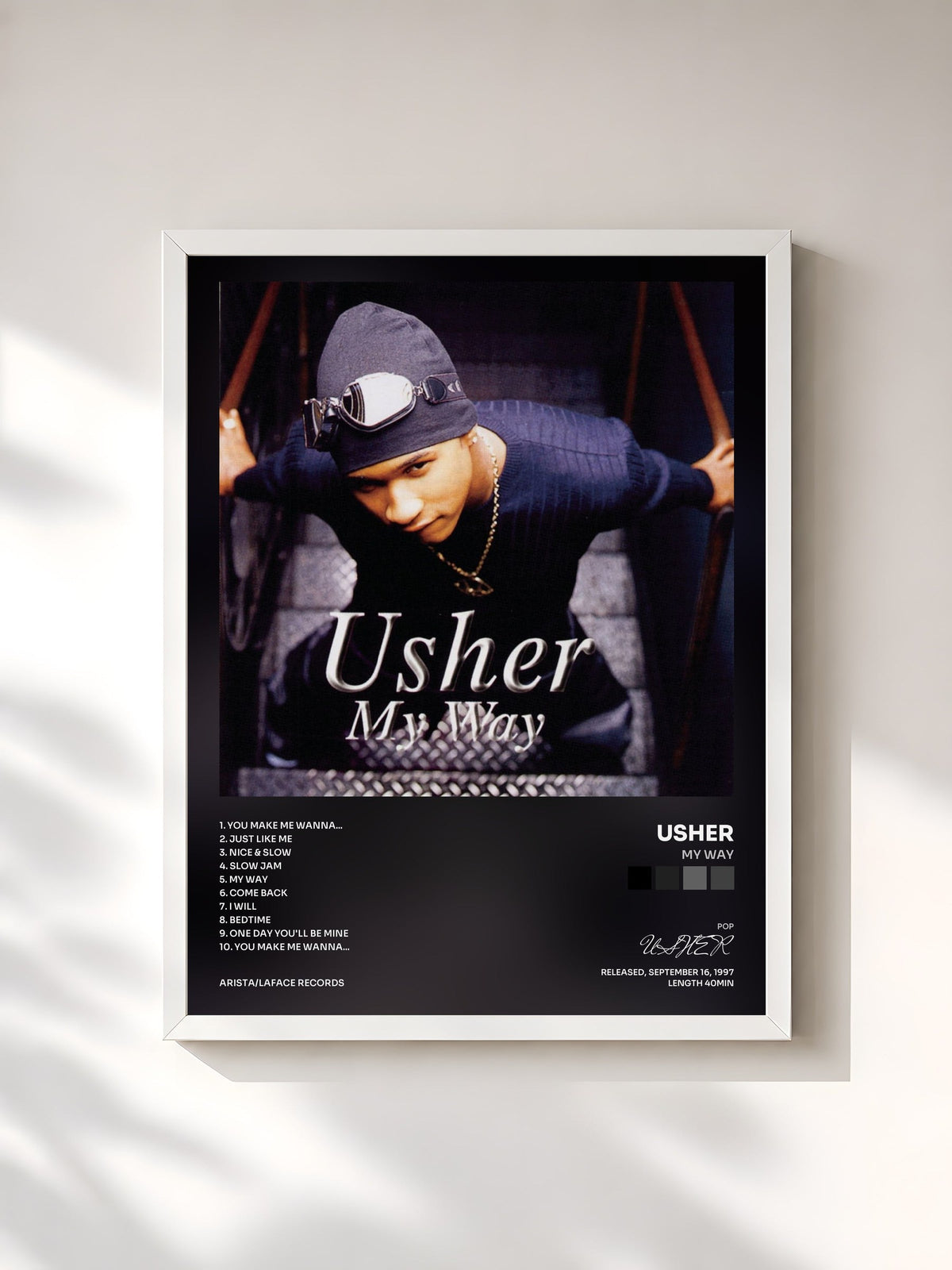 #blanc Tableau de l'album My Way de USHER, cadre blanc, imprimé et encadré en France