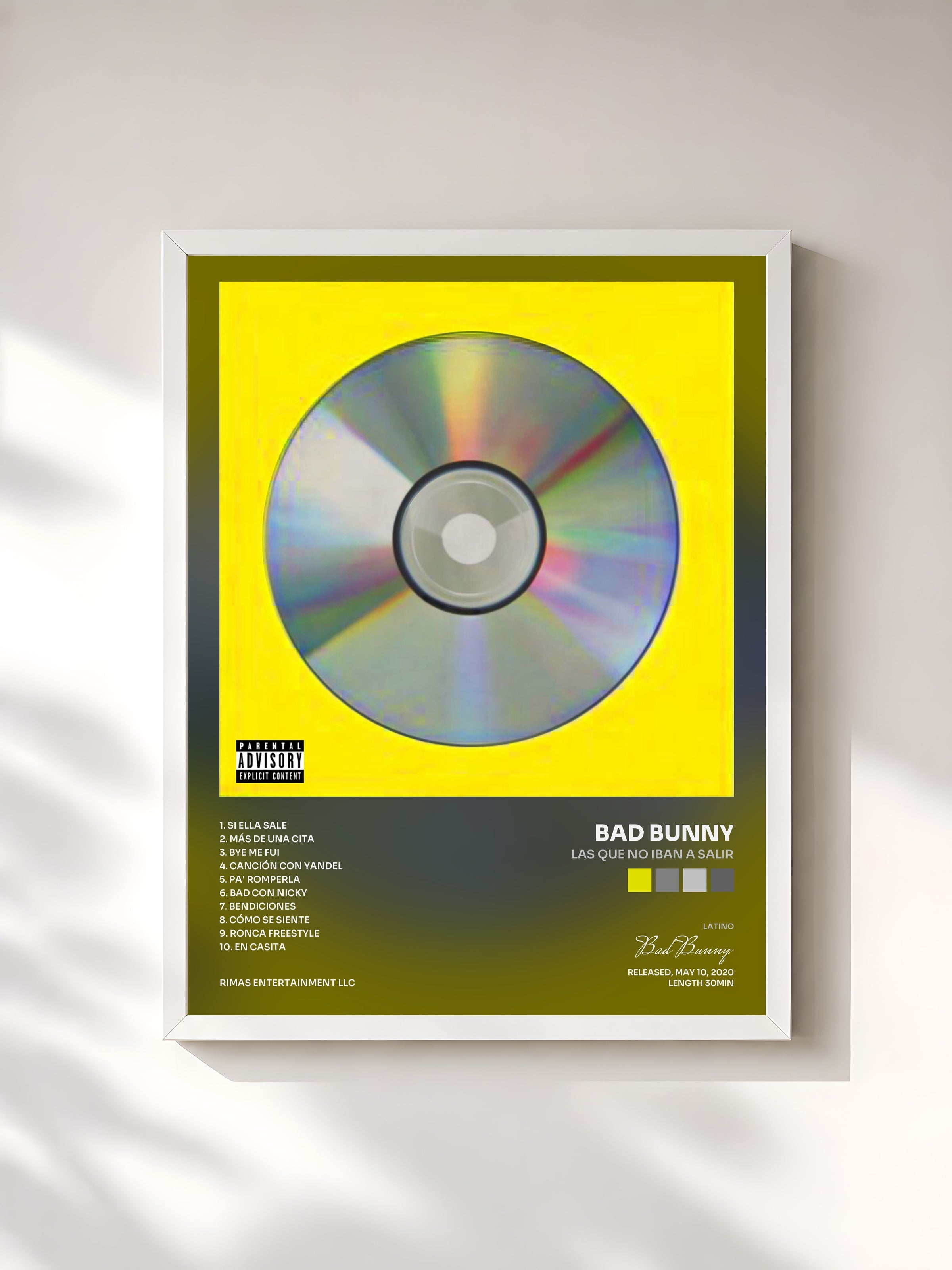 #blanc Tableau de l'album LAS QUE NO IBAN A SALIR de Bad Bunny, cadre blanc, imprimé et encadré en France