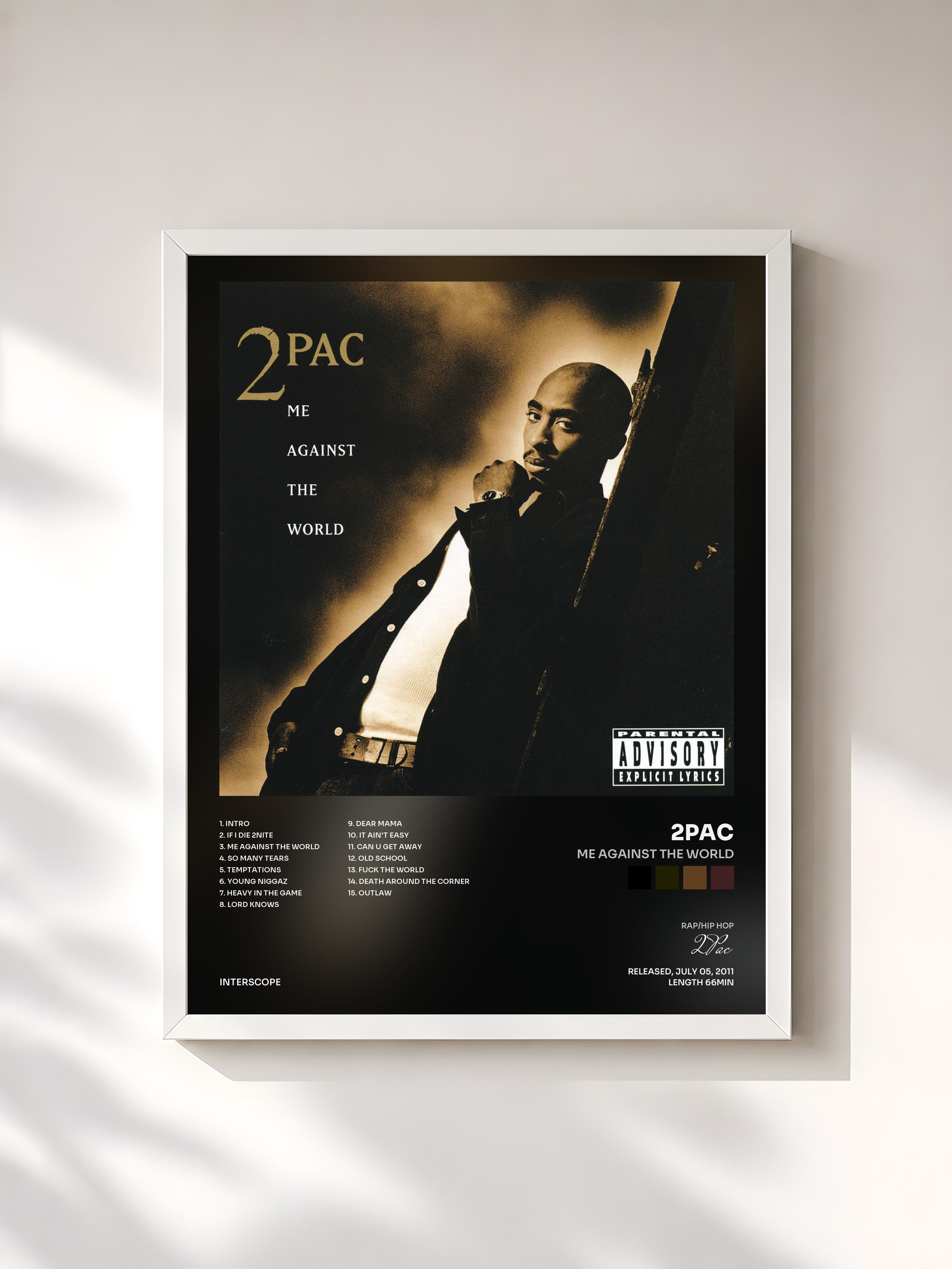 #blanc Tableau de l'album Me Against The World de 2Pac, cadre blanc, imprimé et encadré en France