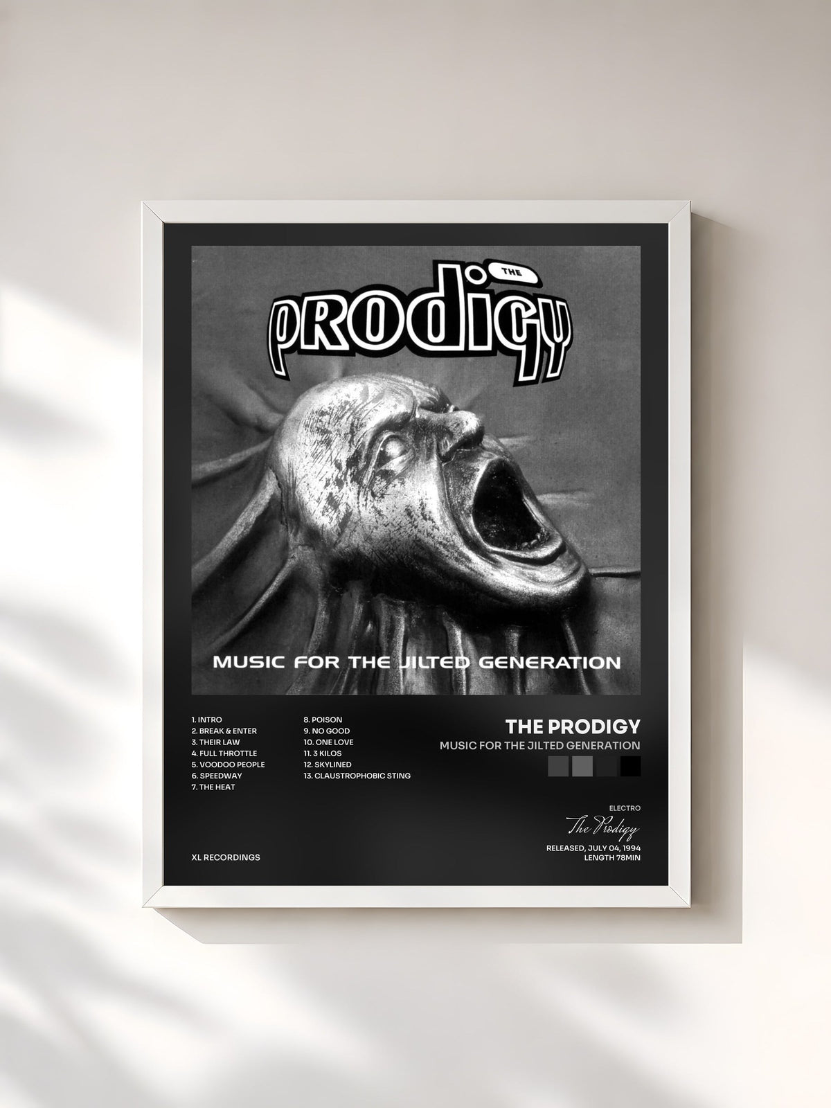 #blanc Tableau de l'album Music for the Jilted Generation de The Prodigy, cadre blanc, imprimé et encadré en France