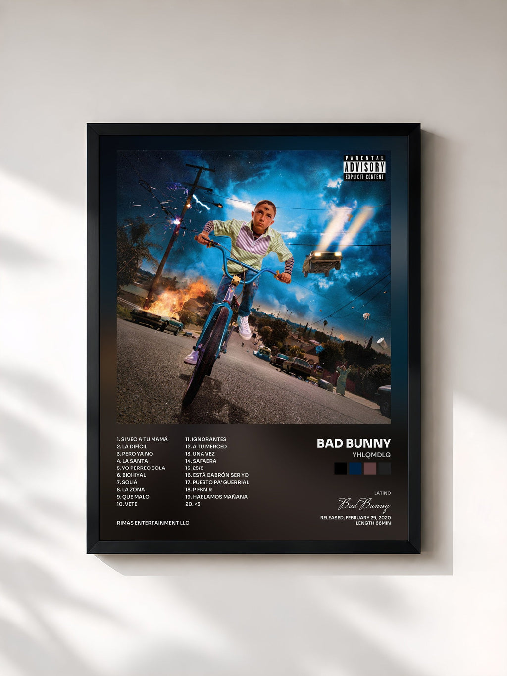#noir Tableau de l'album YHLQMDLG de Bad Bunny, cadre noir, imprimé et encadré en France