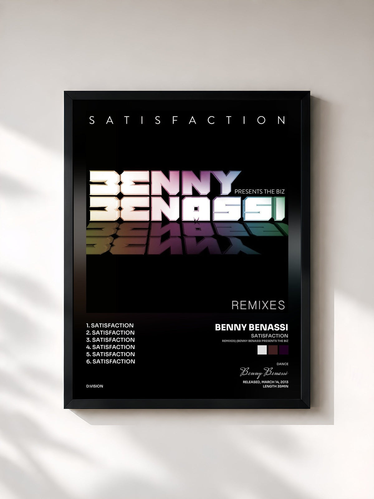 #noir Tableau de l'album Satisfaction (Remixes) (Benny Benassi Presents The Biz) de Benny Benassi, cadre noir, imprimé et encadré en France
