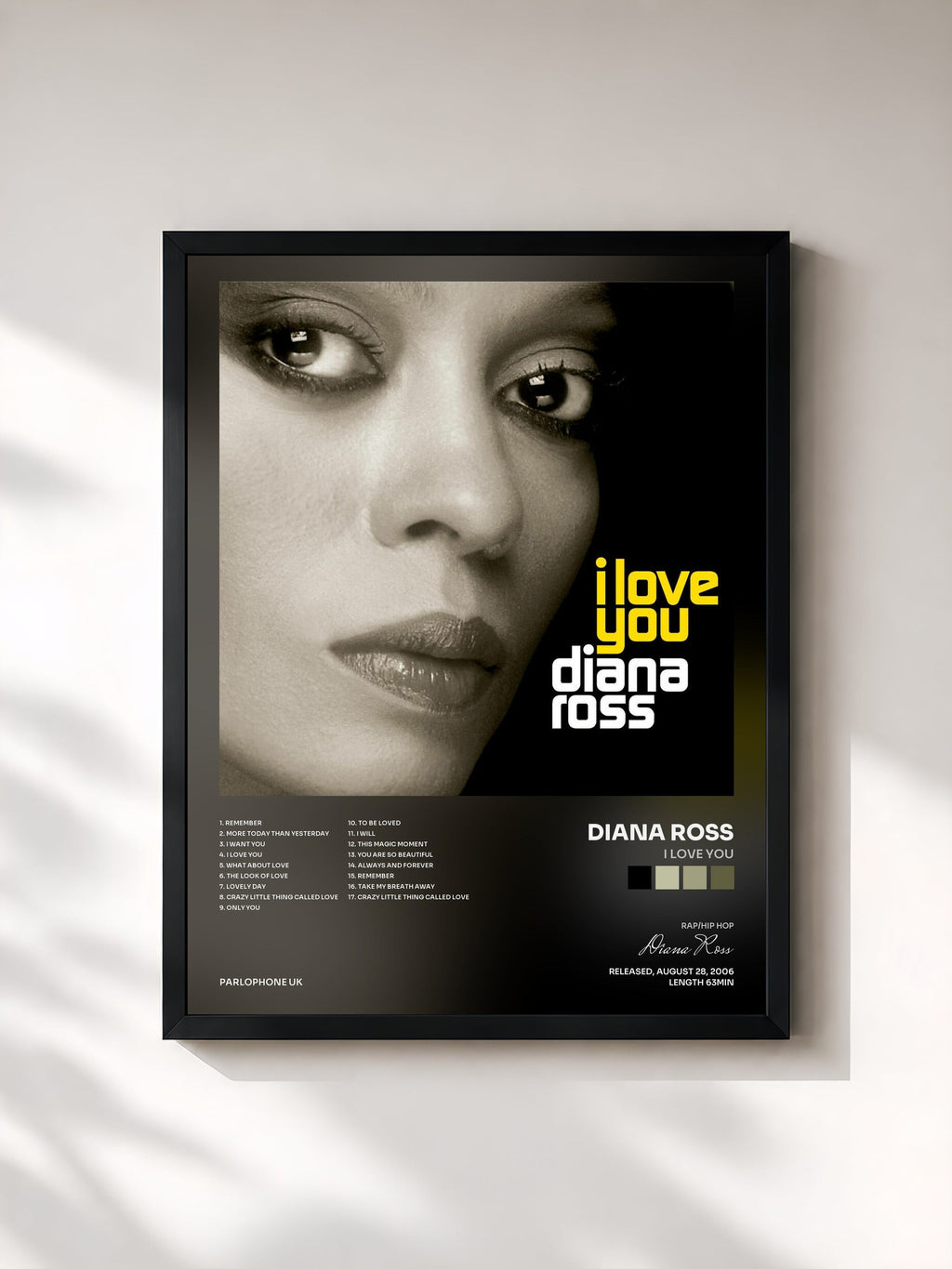 #noir Tableau de l'album I Love You de Diana Ross, cadre noir, imprimé et encadré en France