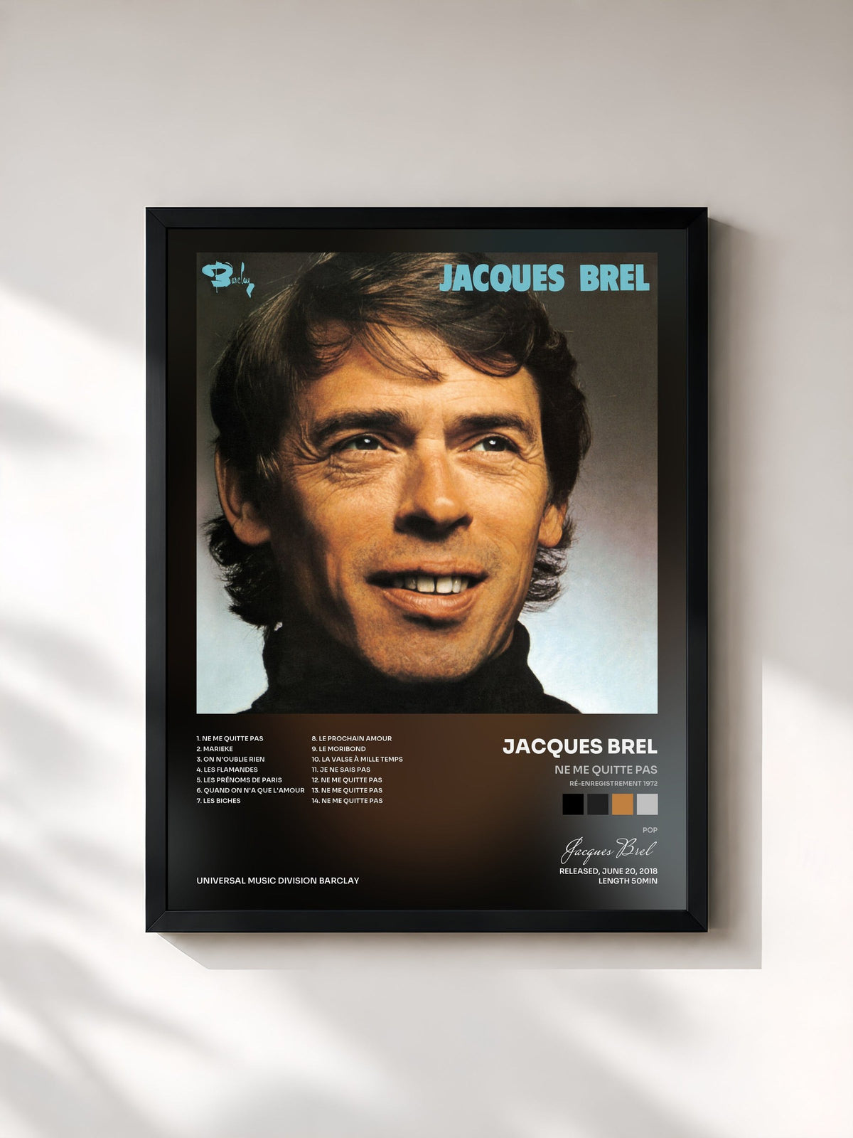 #noir Tableau de l'album Ne me quitte pas (Ré-enregistrement 1972) de Jacques Brel, cadre noir, imprimé et encadré en France