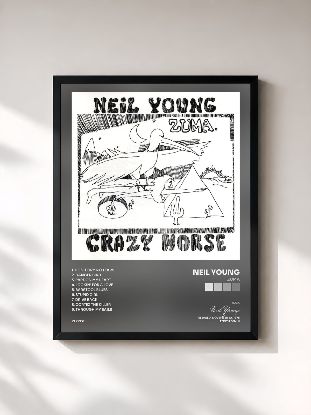 #noir Tableau de l'album Zuma de Neil Young, cadre noir, imprimé et encadré en France
