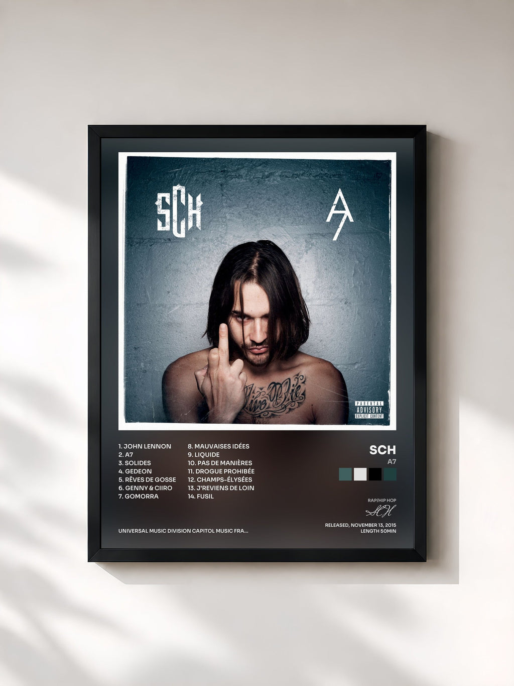 #noir Tableau de l'album A7 de SCH, cadre noir, imprimé et encadré en France