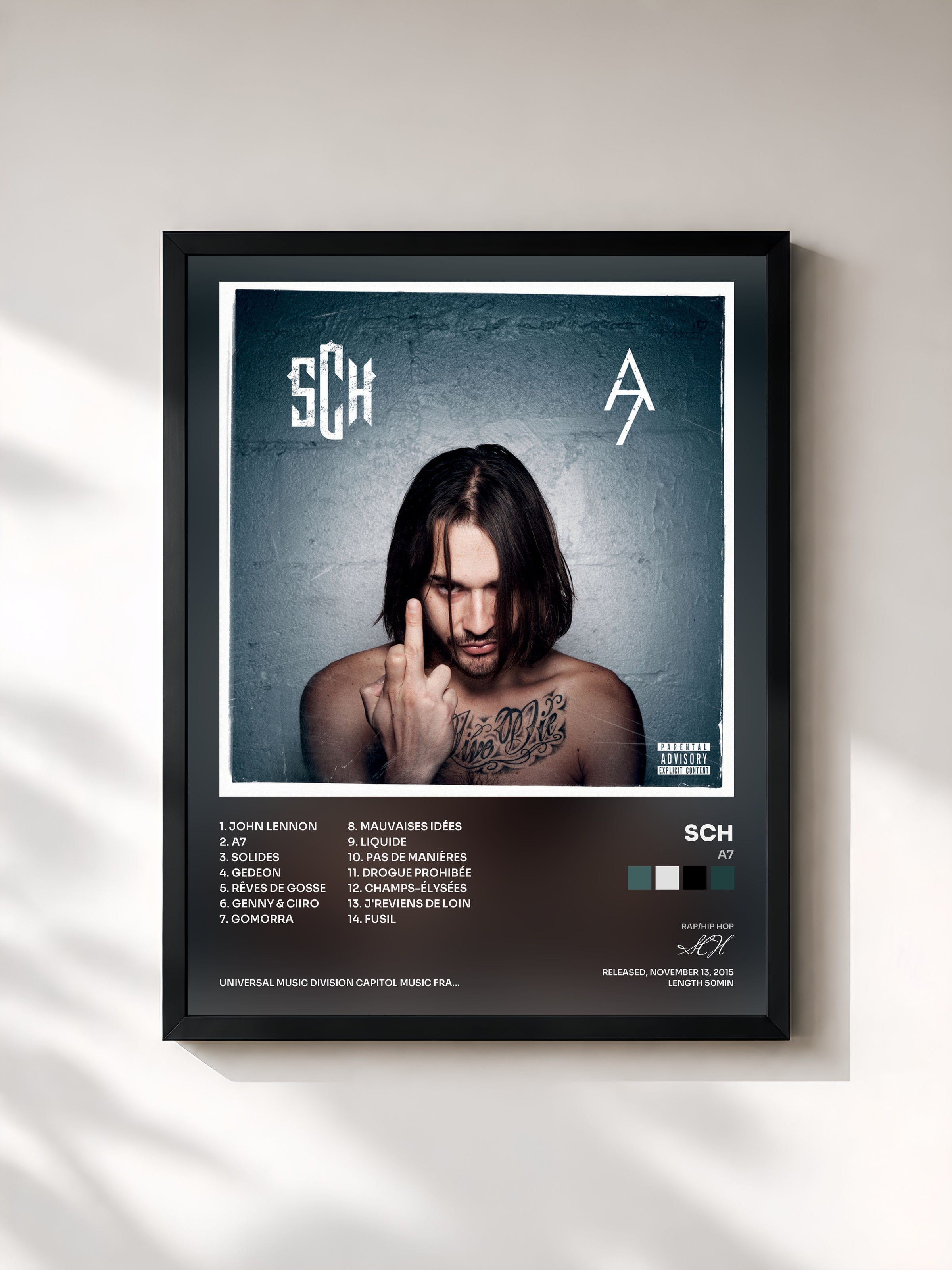 #noir Tableau de l'album A7 de SCH, cadre noir, imprimé et encadré en France
