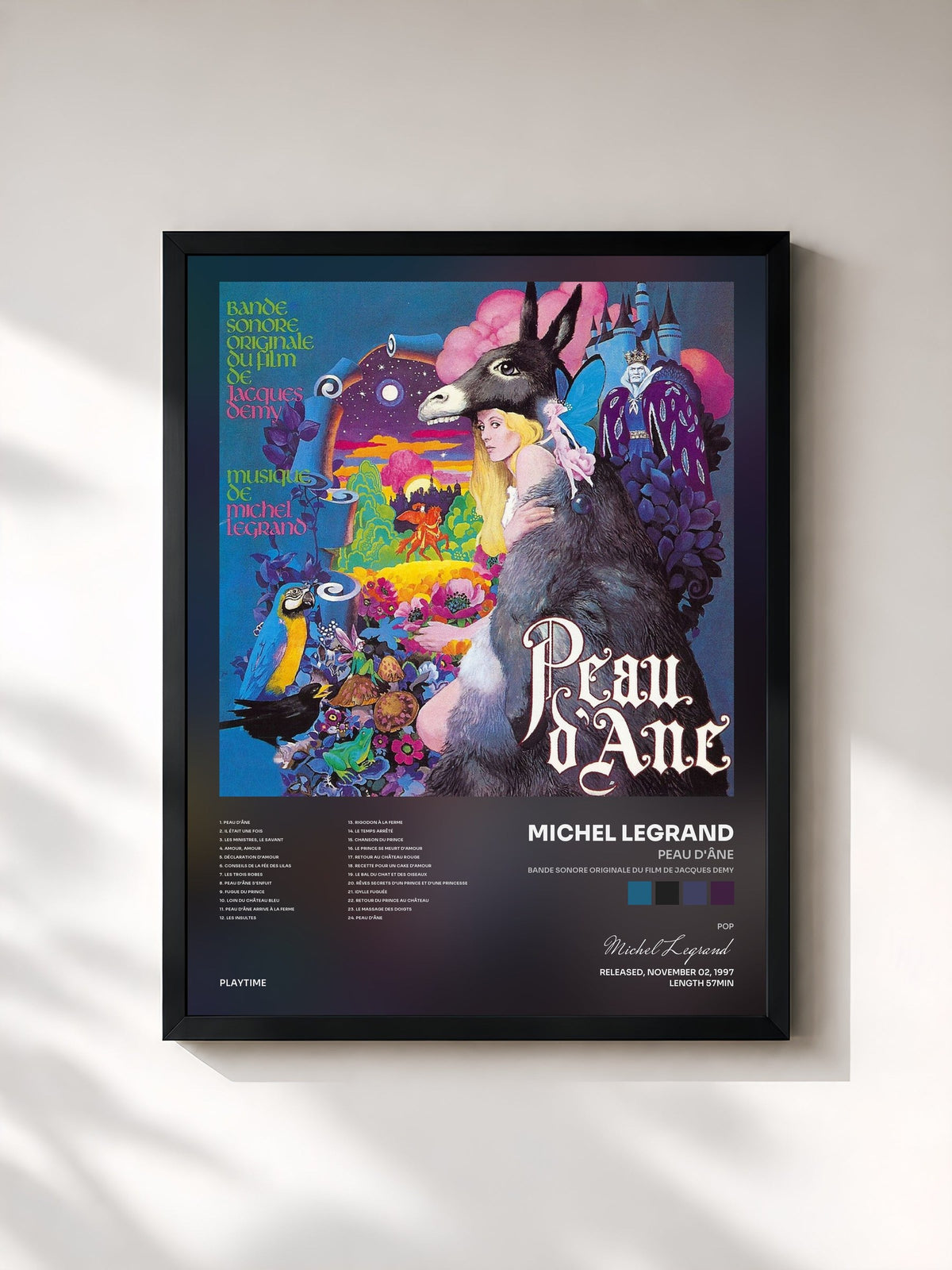 #noir Tableau de l'album Peau d'âne (Bande sonore originale du film de Jacques Demy) de Michel Legrand, cadre noir, imprimé et encadré en France