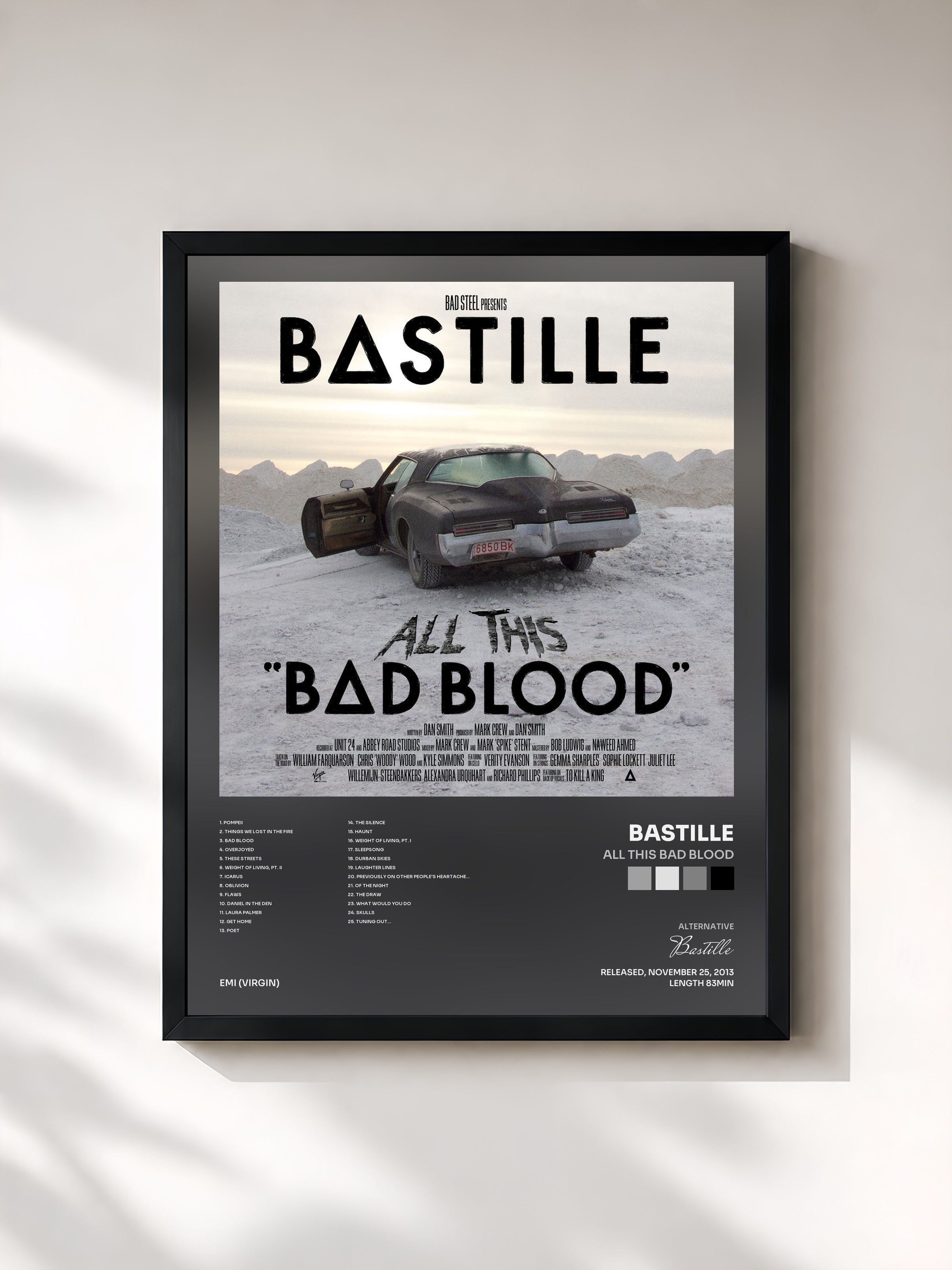 #noir Tableau de l'album All This Bad Blood de Bastille, cadre noir, imprimé et encadré en France