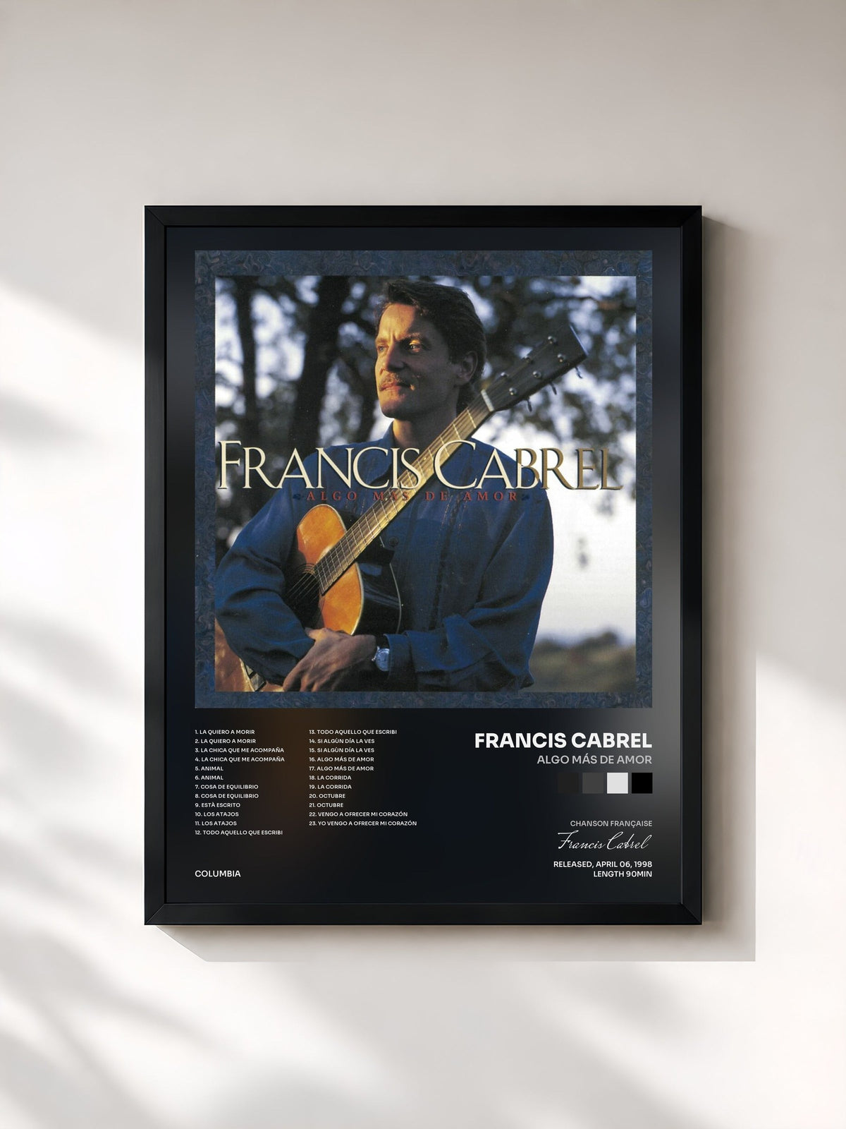 #noir Tableau de l'album Algo Más de Amor de Francis Cabrel, cadre noir, imprimé et encadré en France