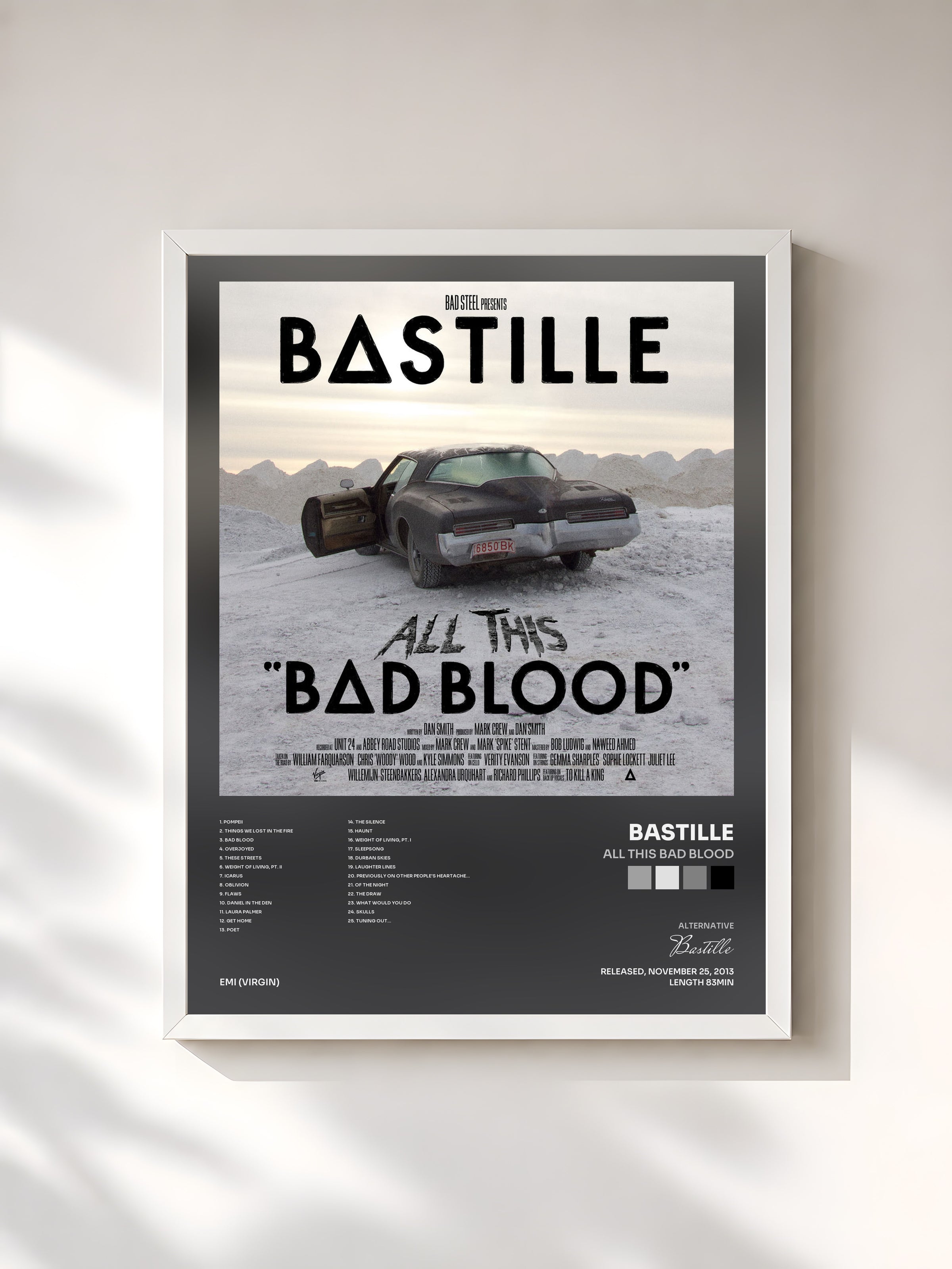 #blanc Tableau de l'album All This Bad Blood de Bastille, cadre blanc, imprimé et encadré en France