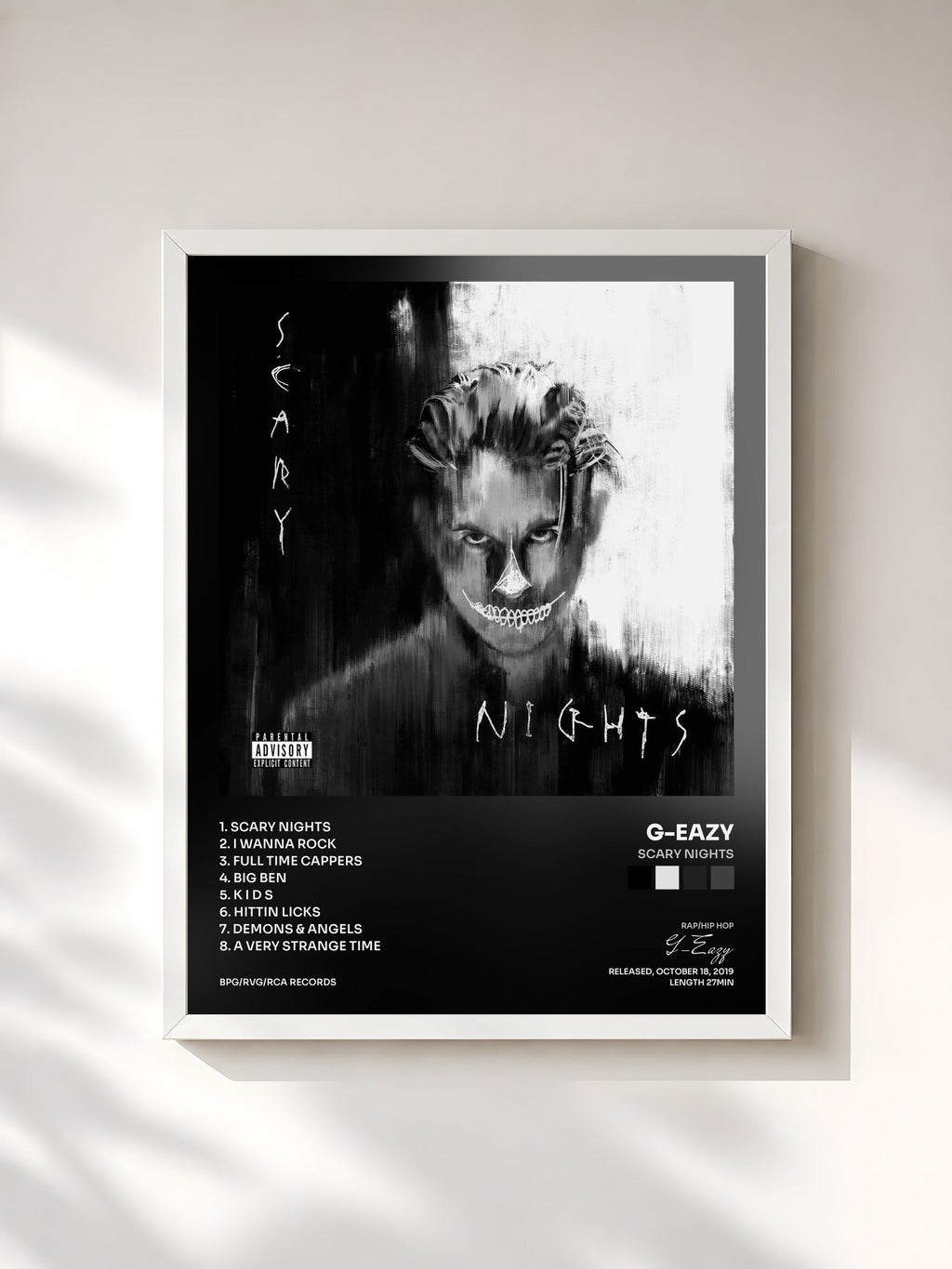 #blanc Scary Nights by G-Eazy as a framed art print, white frame, printed and framed in France