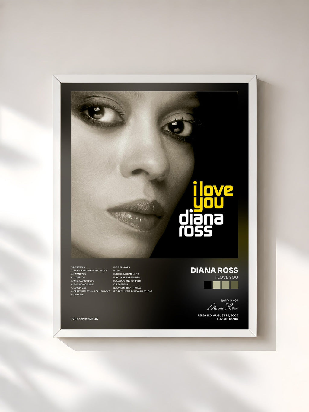 #blanc Tableau de l'album I Love You de Diana Ross, cadre blanc, imprimé et encadré en France