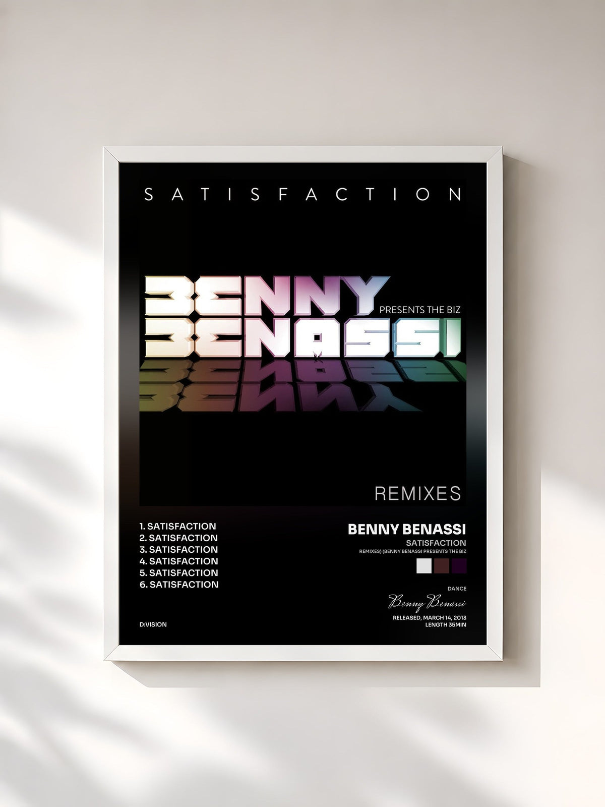 #blanc Tableau de l'album Satisfaction (Remixes) (Benny Benassi Presents The Biz) de Benny Benassi, cadre blanc, imprimé et encadré en France