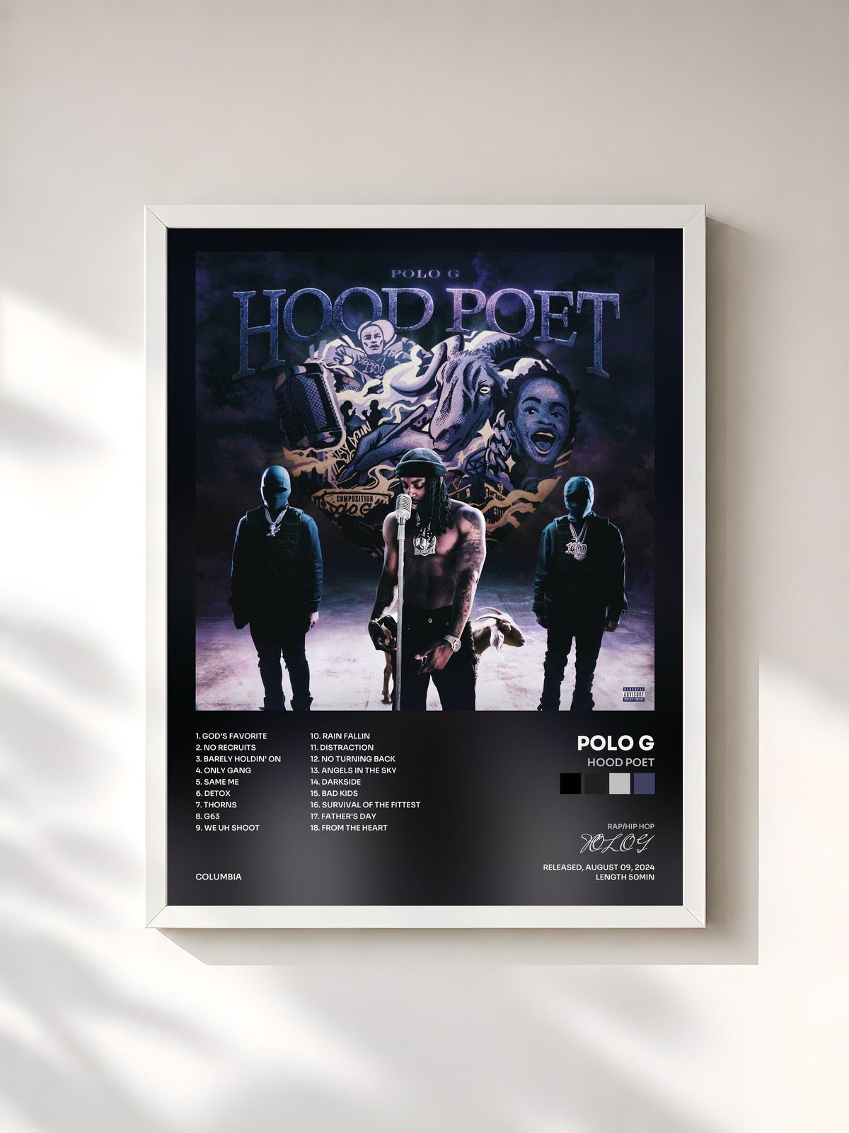#blanc Tableau de l'album HOOD POET de POLO G, cadre blanc, imprimé et encadré en France