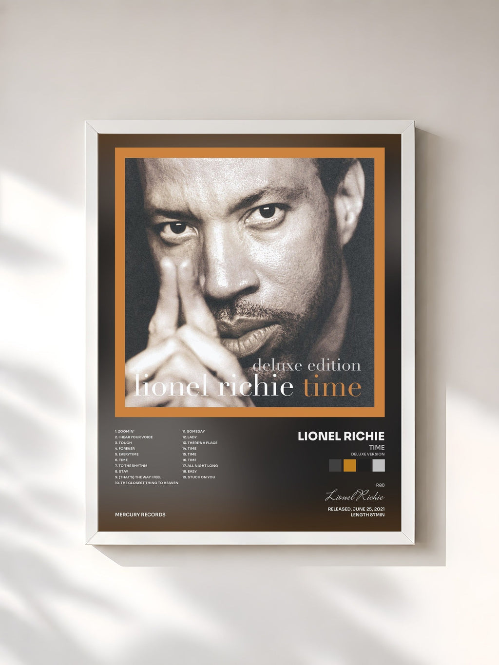 #blanc Tableau de l'album Time (Deluxe Version) de Lionel Richie, cadre blanc, imprimé et encadré en France