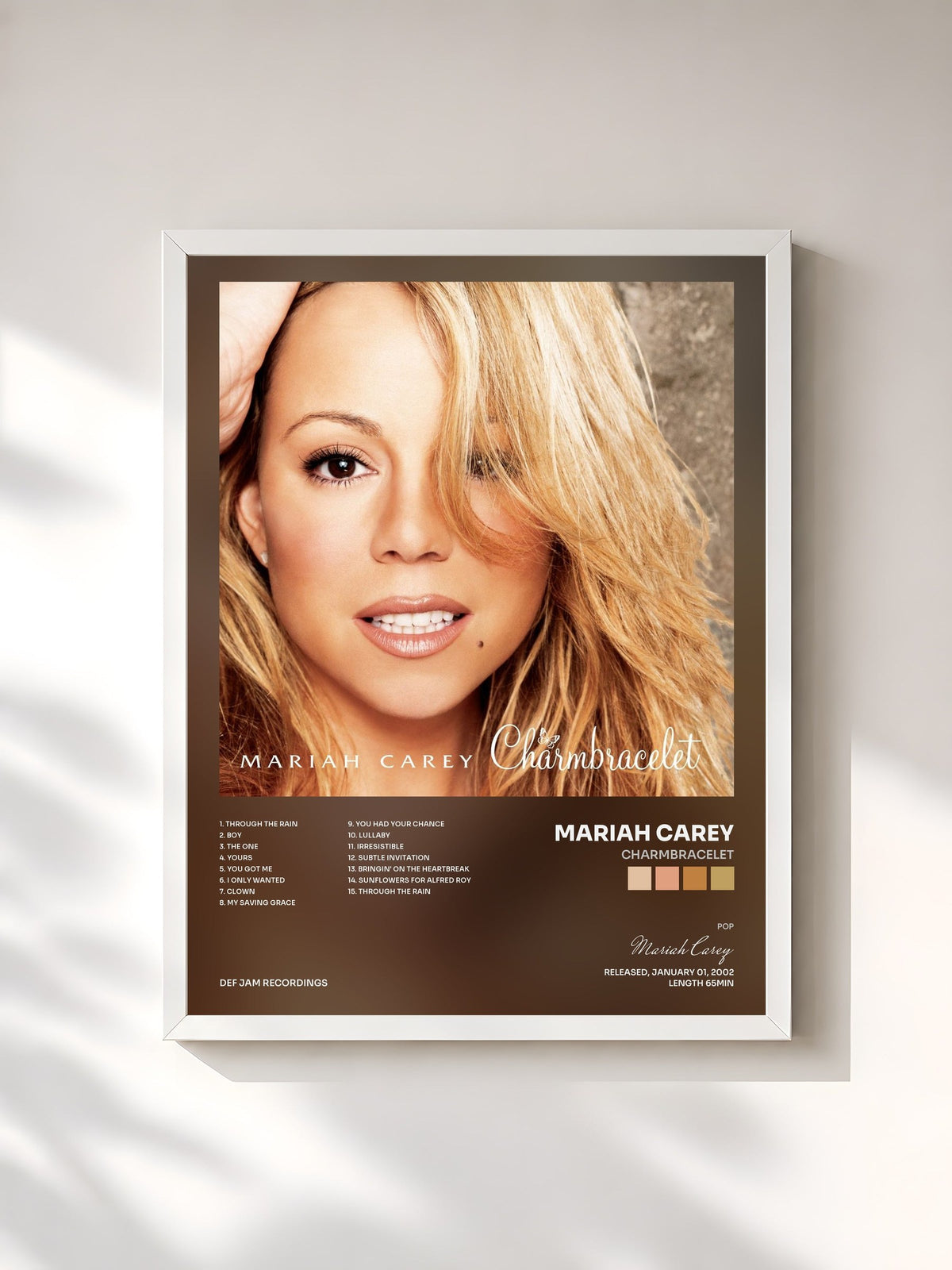 #blanc Tableau de l'album Charmbracelet de Mariah Carey, cadre blanc, imprimé et encadré en France