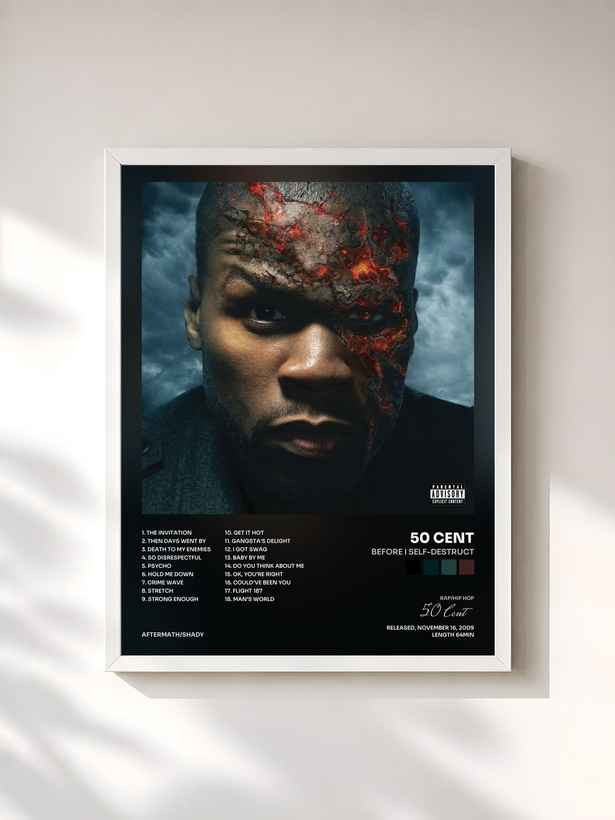 #blanc Tableau de l'album Before I Self-Destruct de 50 Cent, cadre blanc, imprimé et encadré en France
